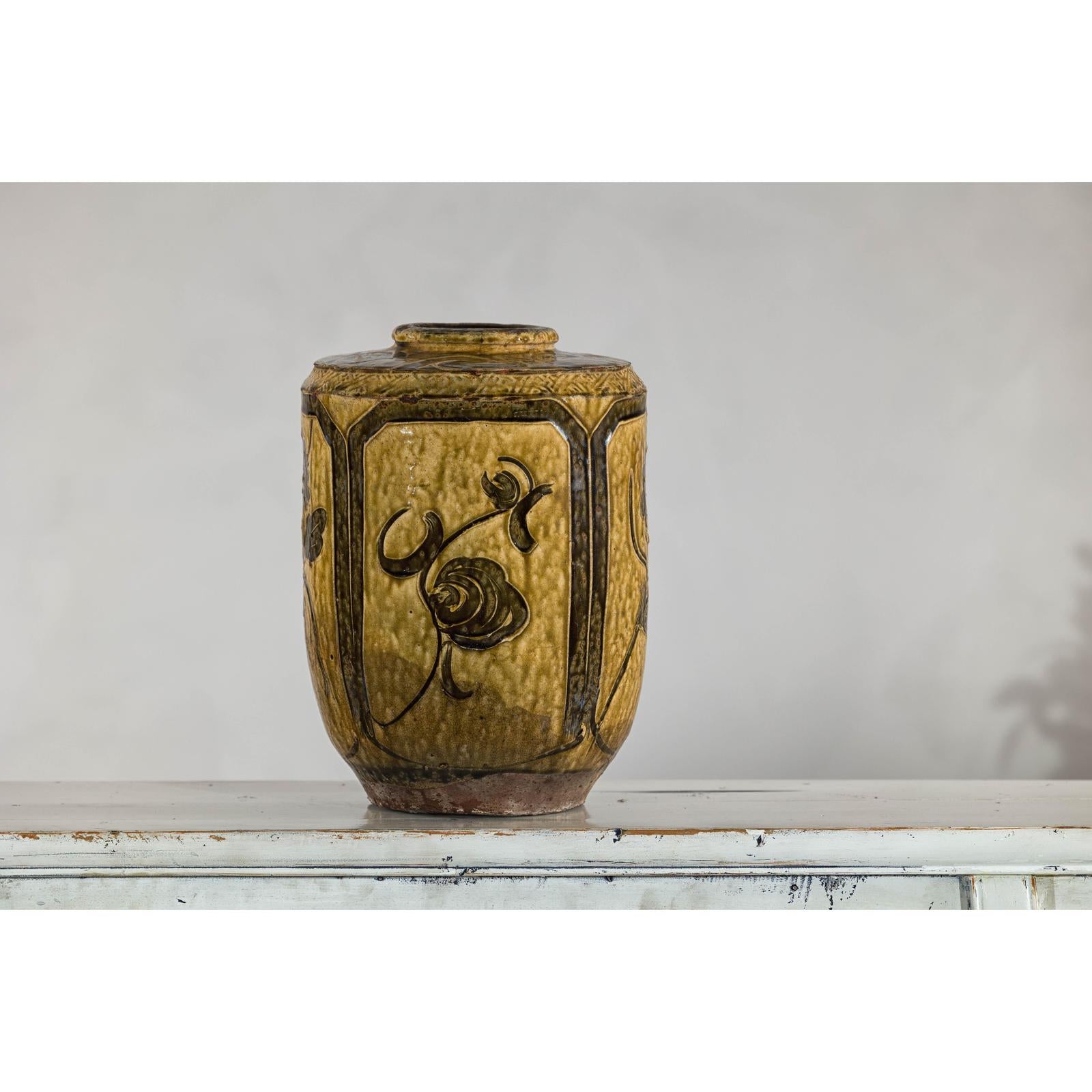 Vintage Mustard Brown Glazed Ceramic Vase with Incised Floral and Bird Motifs