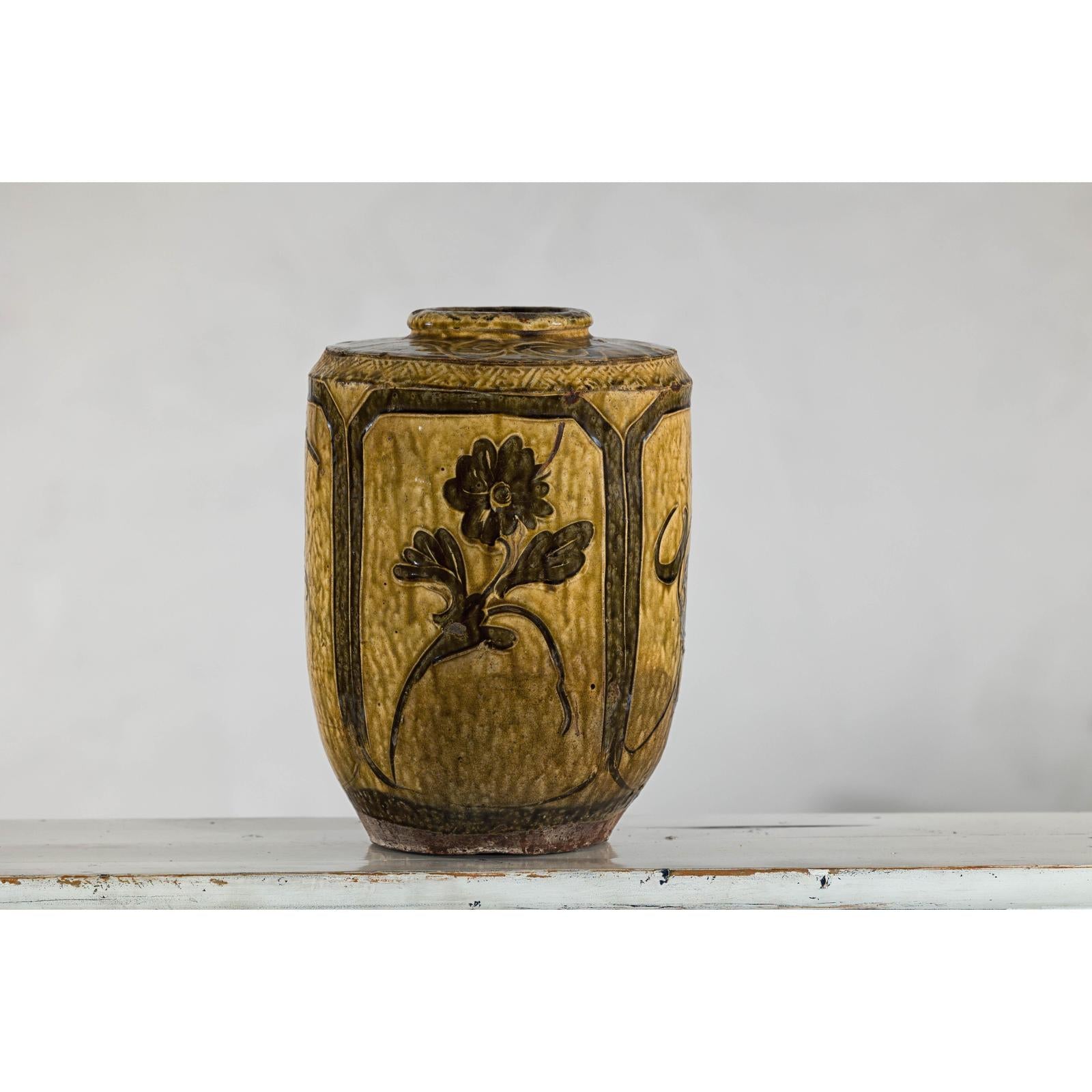 Vintage Mustard Brown Glazed Ceramic Vase with Incised Floral and Bird Motifs