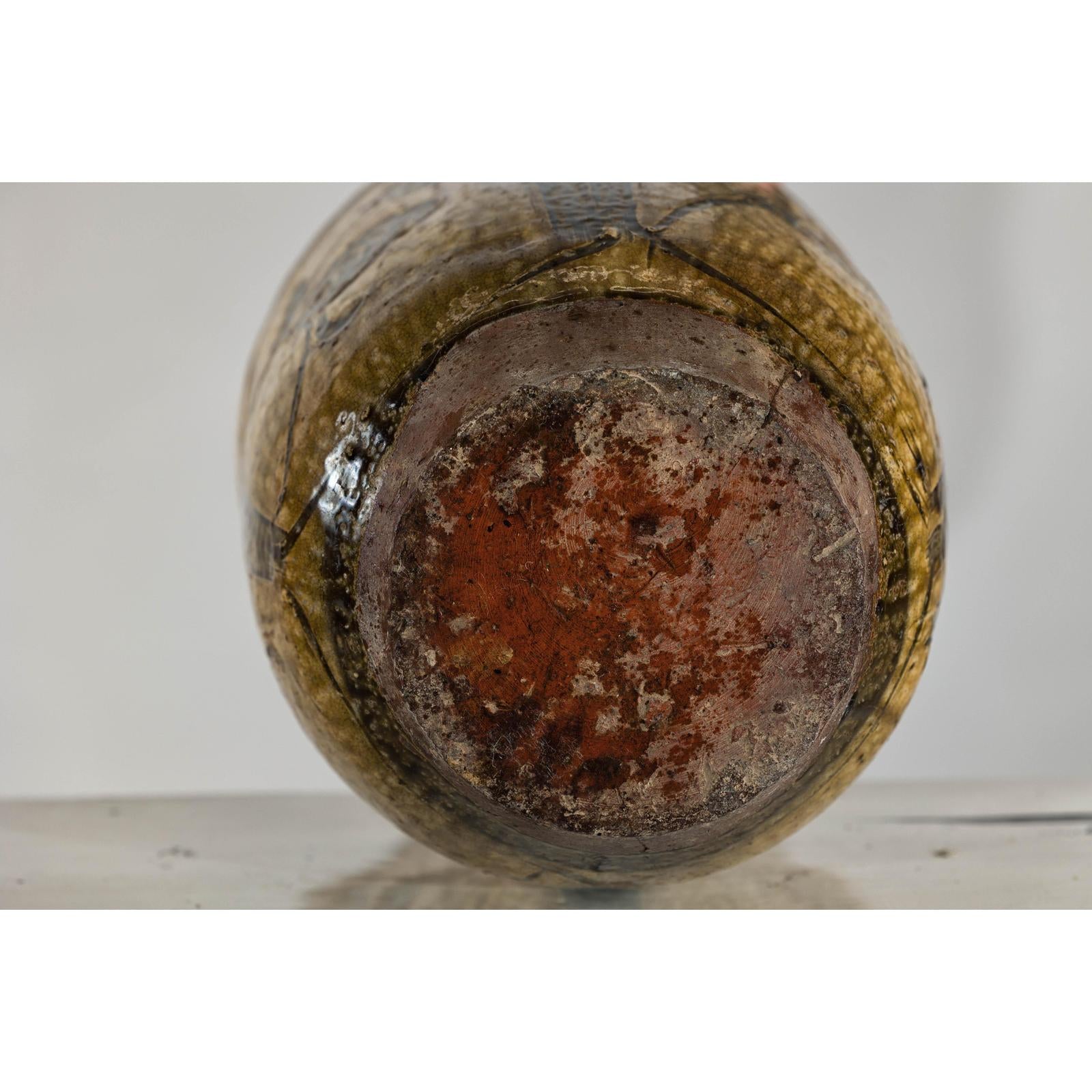 Vintage Mustard Brown Glazed Ceramic Vase with Incised Floral and Bird Motifs