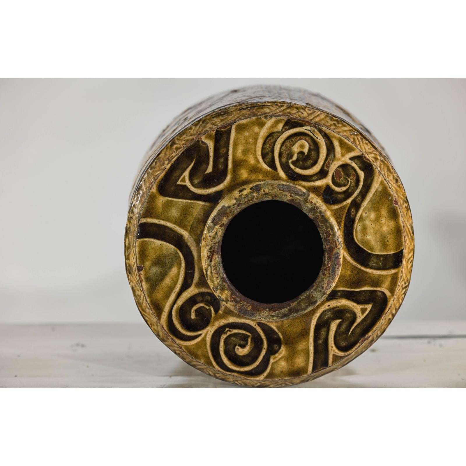 Vintage Mustard Brown Glazed Ceramic Vase with Incised Floral and Bird Motifs