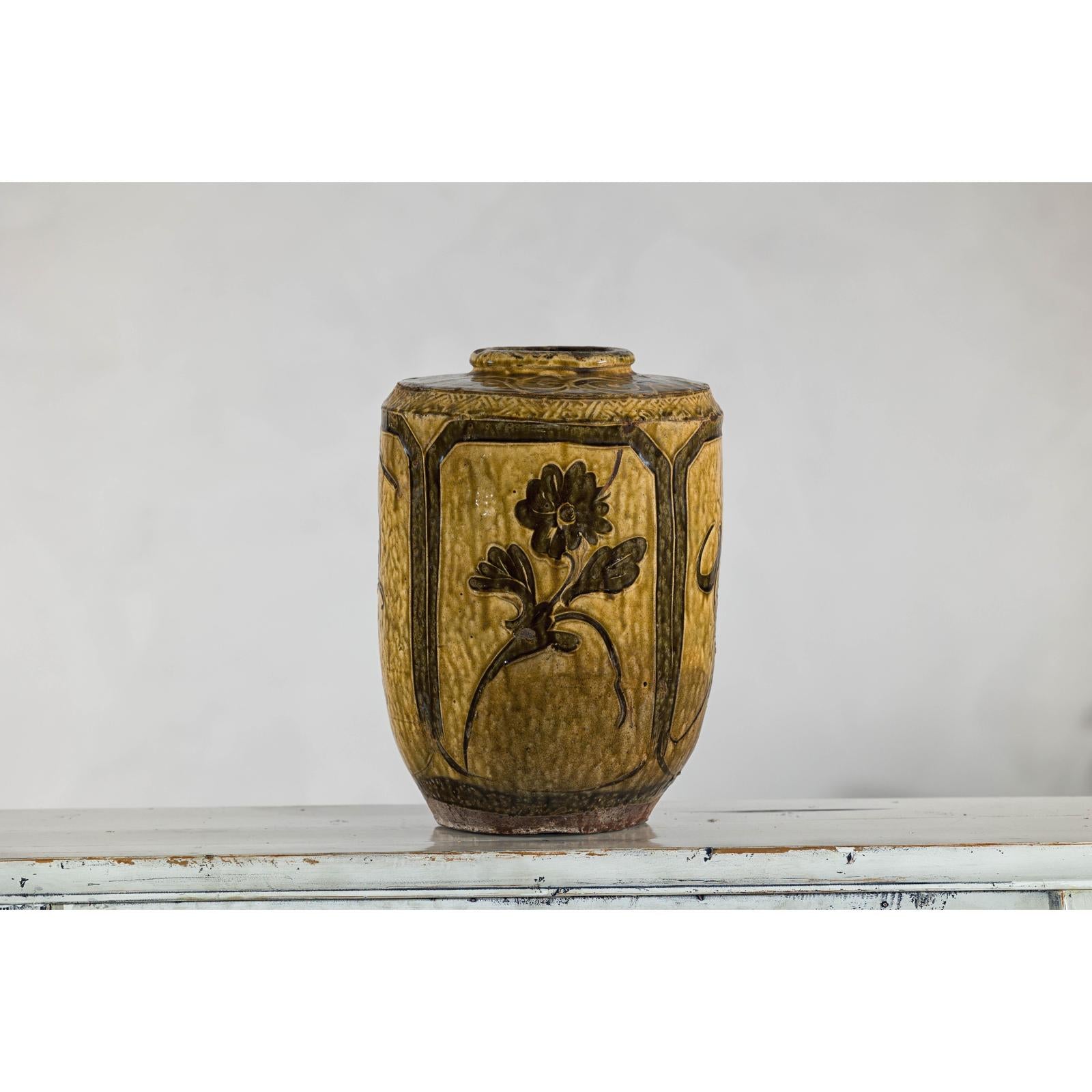 Vintage Mustard Brown Glazed Ceramic Vase with Incised Floral and Bird Motifs