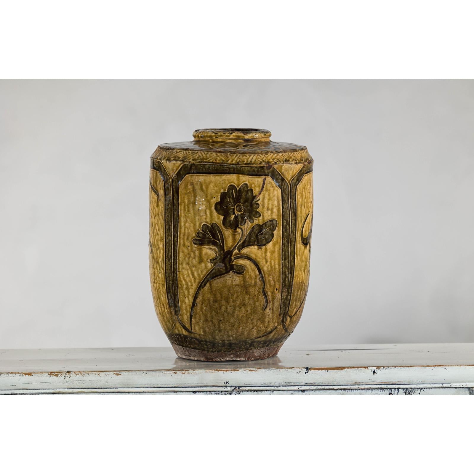 Vintage Mustard Brown Glazed Ceramic Vase with Incised Floral and Bird Motifs