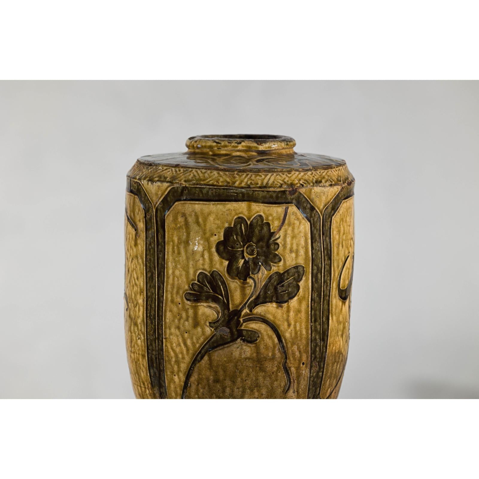 Vintage Mustard Brown Glazed Ceramic Vase with Incised Floral and Bird Motifs