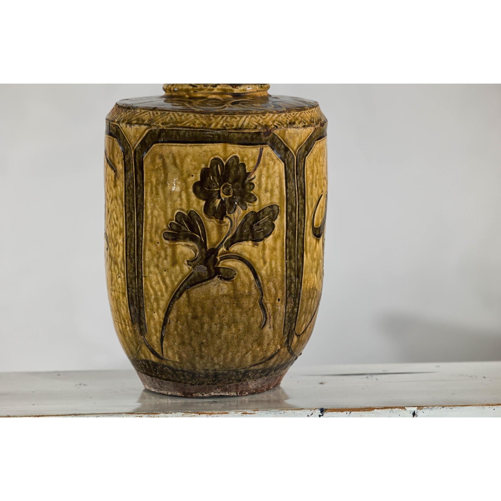 Vintage Mustard Brown Glazed Ceramic Vase with Incised Floral and Bird Motifs