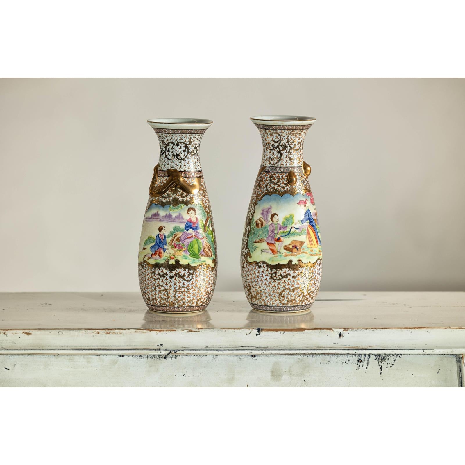 Pair of Vintage Small Porcelain Vases with Hand-Painted Pastoral Scenes