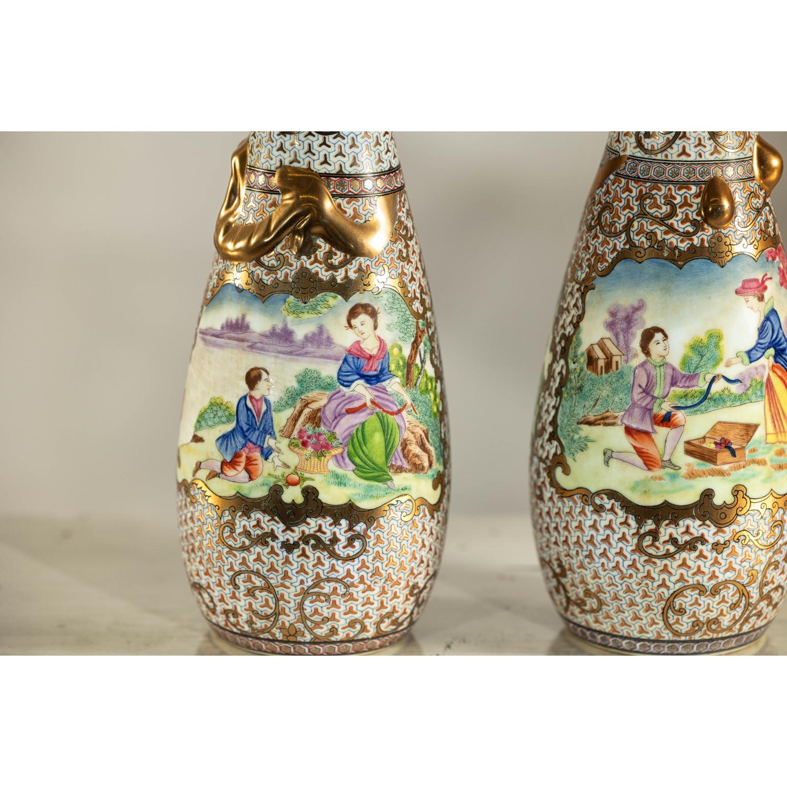 Pair of Vintage Small Porcelain Vases with Hand-Painted Pastoral Scenes