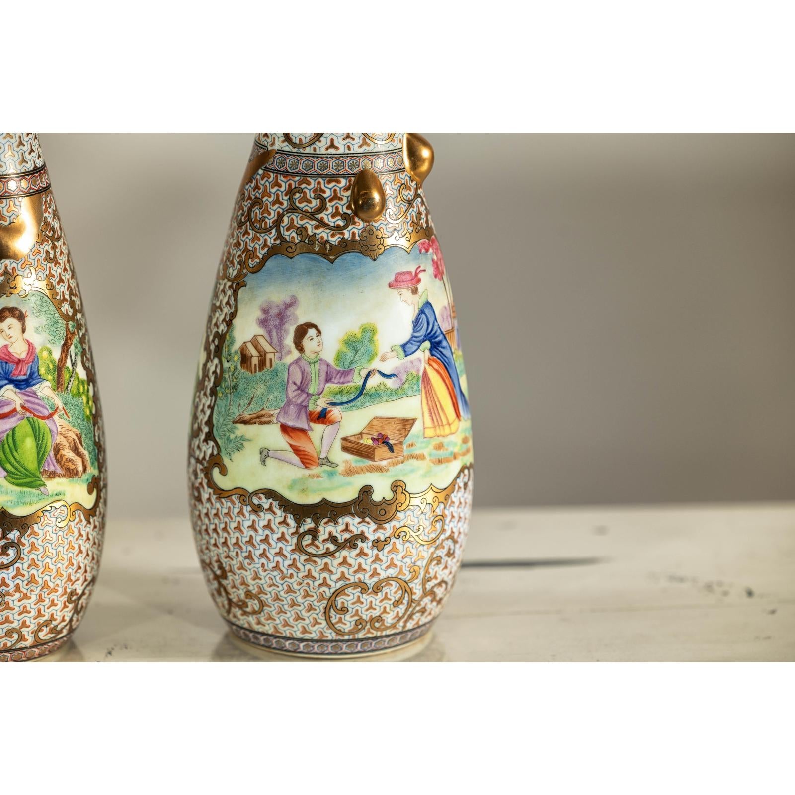 Pair of Vintage Small Porcelain Vases with Hand-Painted Pastoral Scenes