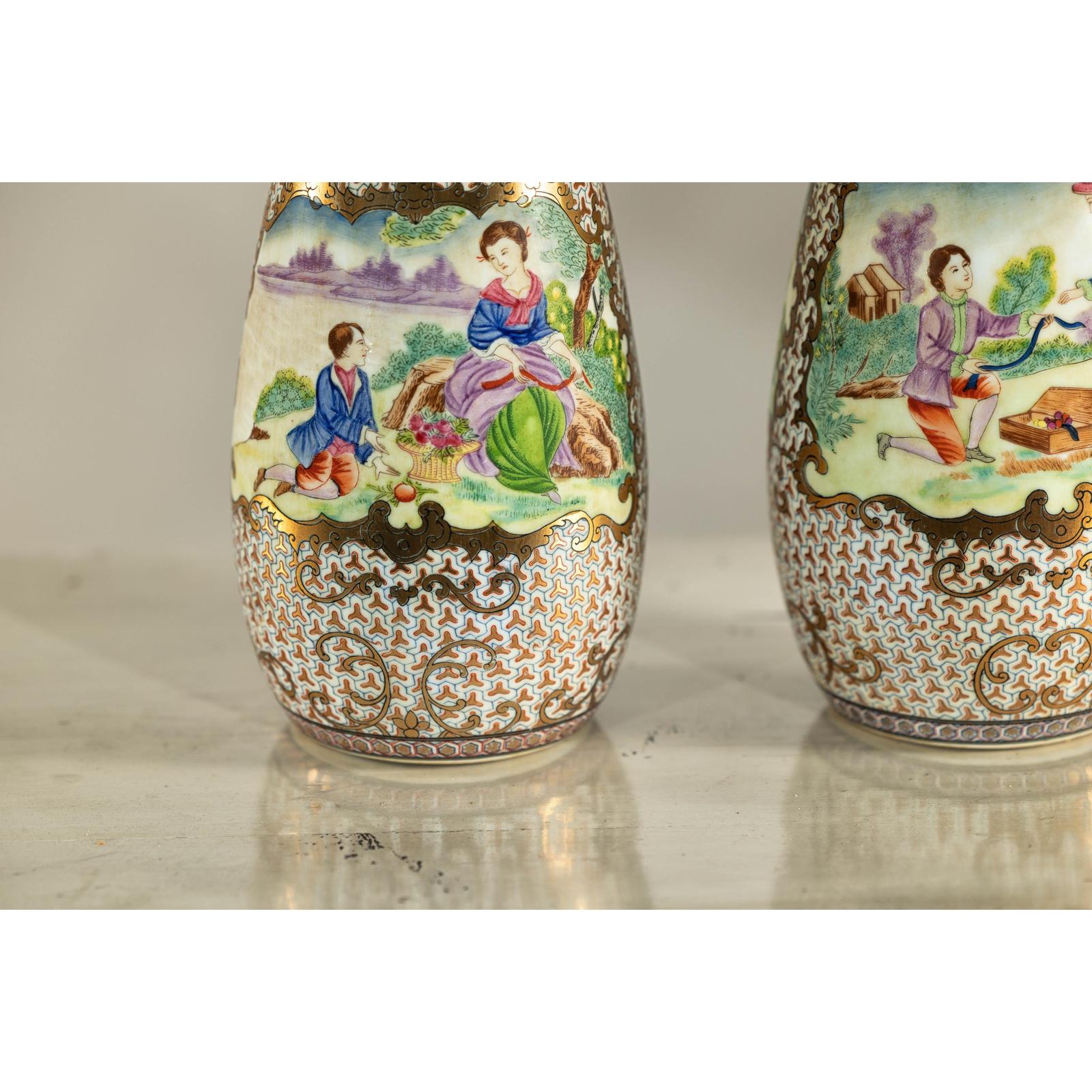 Pair of Vintage Small Porcelain Vases with Hand-Painted Pastoral Scenes