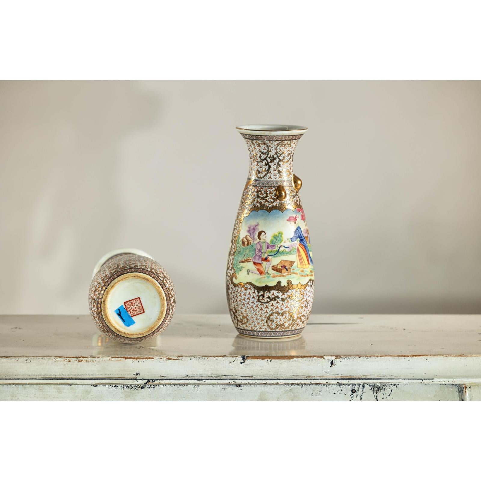 Pair of Vintage Small Porcelain Vases with Hand-Painted Pastoral Scenes