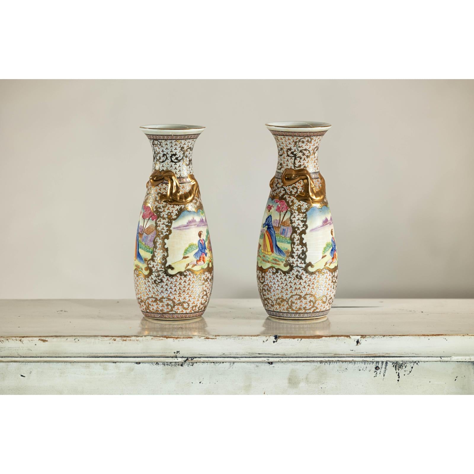 Pair of Vintage Small Porcelain Vases with Hand-Painted Pastoral Scenes