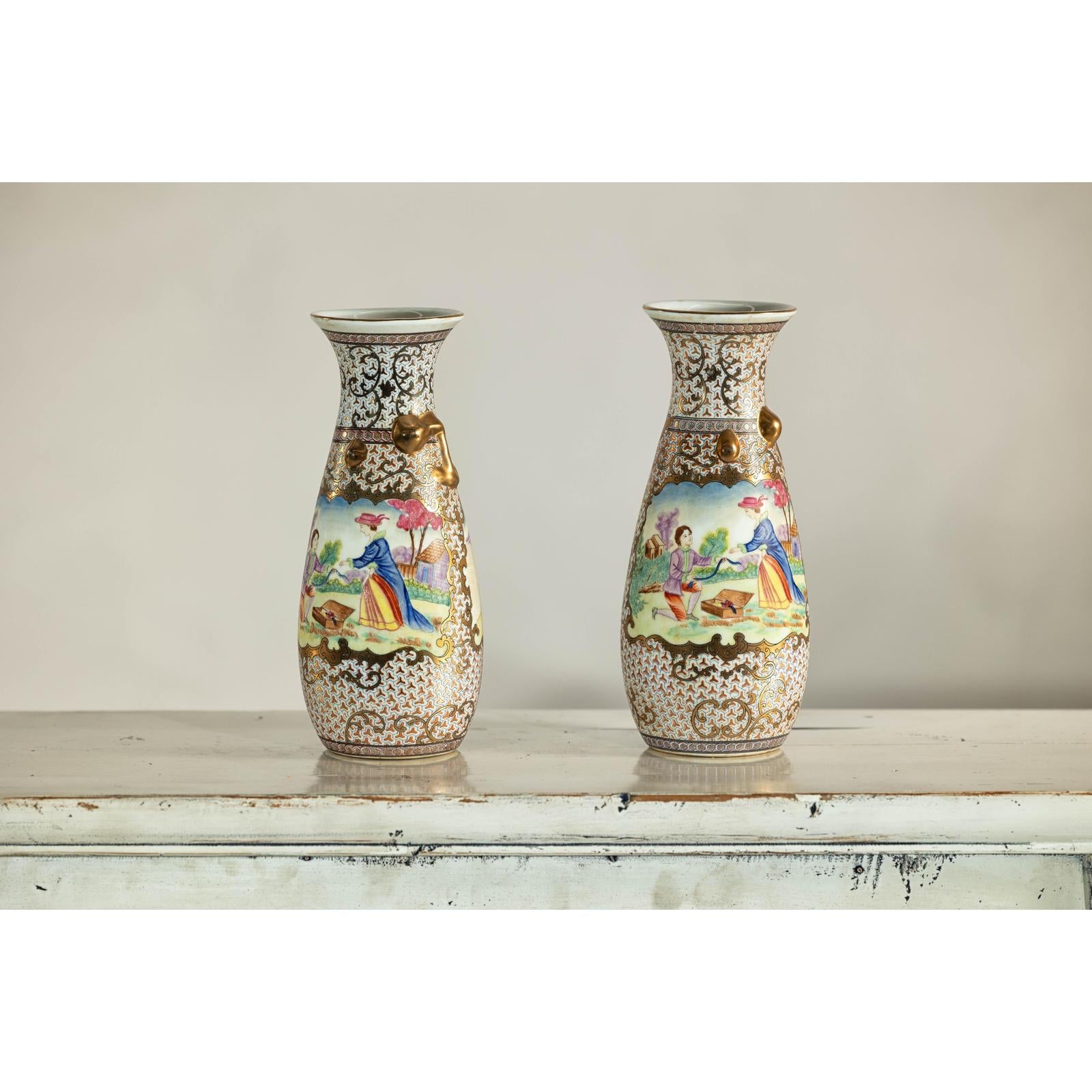 Pair of Vintage Small Porcelain Vases with Hand-Painted Pastoral Scenes