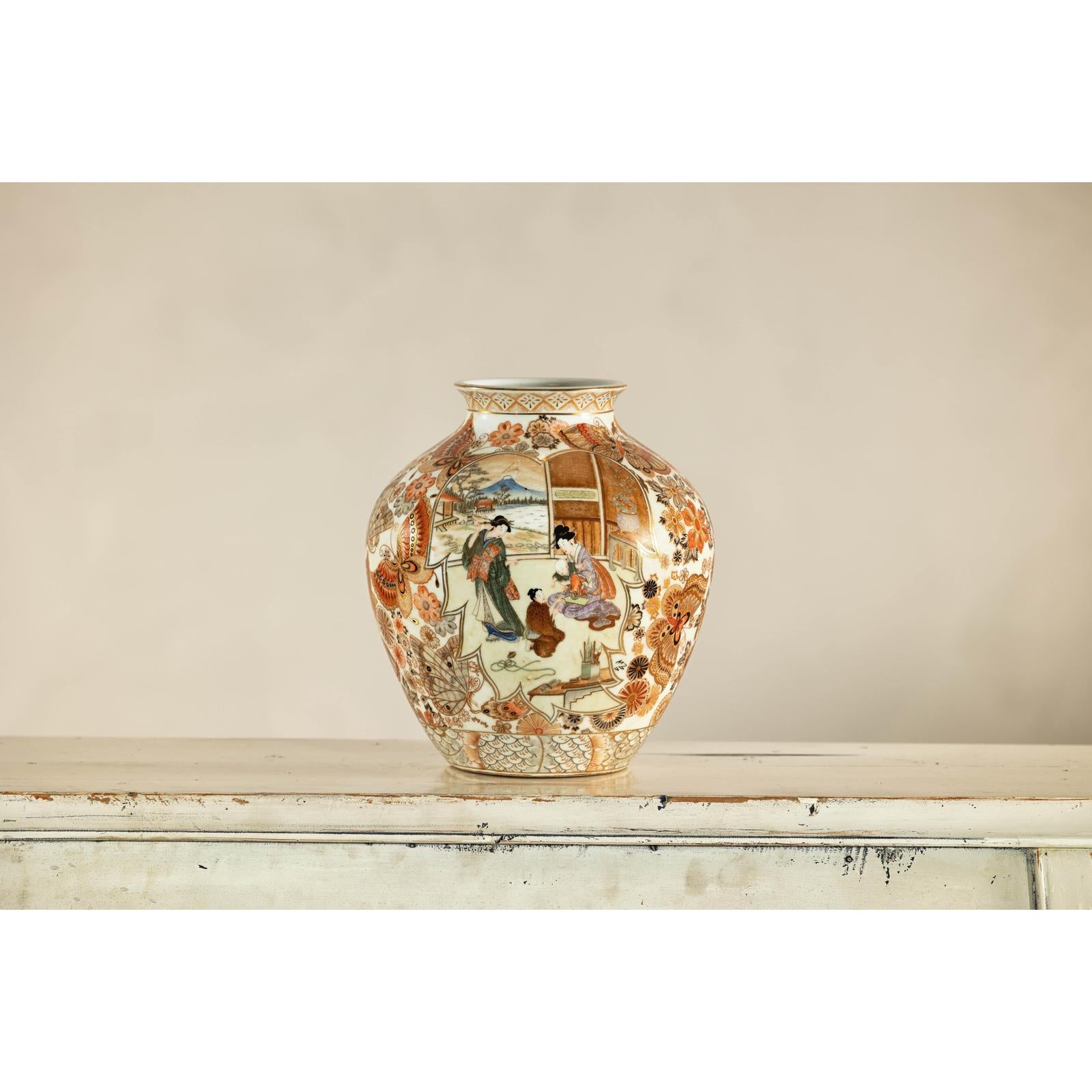 Early 20th-Century Kutani-Style Porcelain Vase with Scenic and Floral Designs