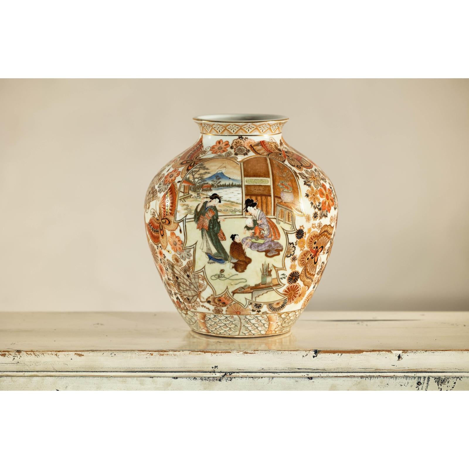 Early 20th-Century Kutani-Style Porcelain Vase with Scenic and Floral Designs