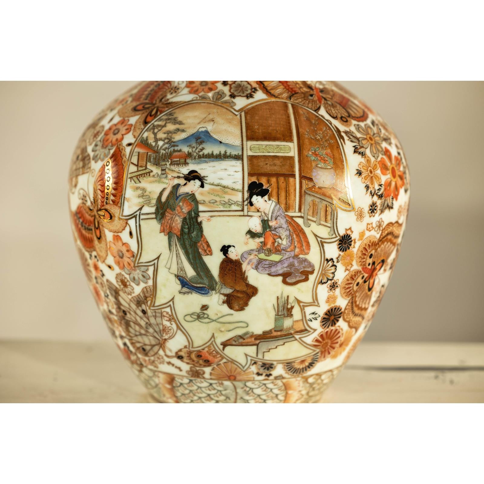 Early 20th-Century Kutani-Style Porcelain Vase with Scenic and Floral Designs