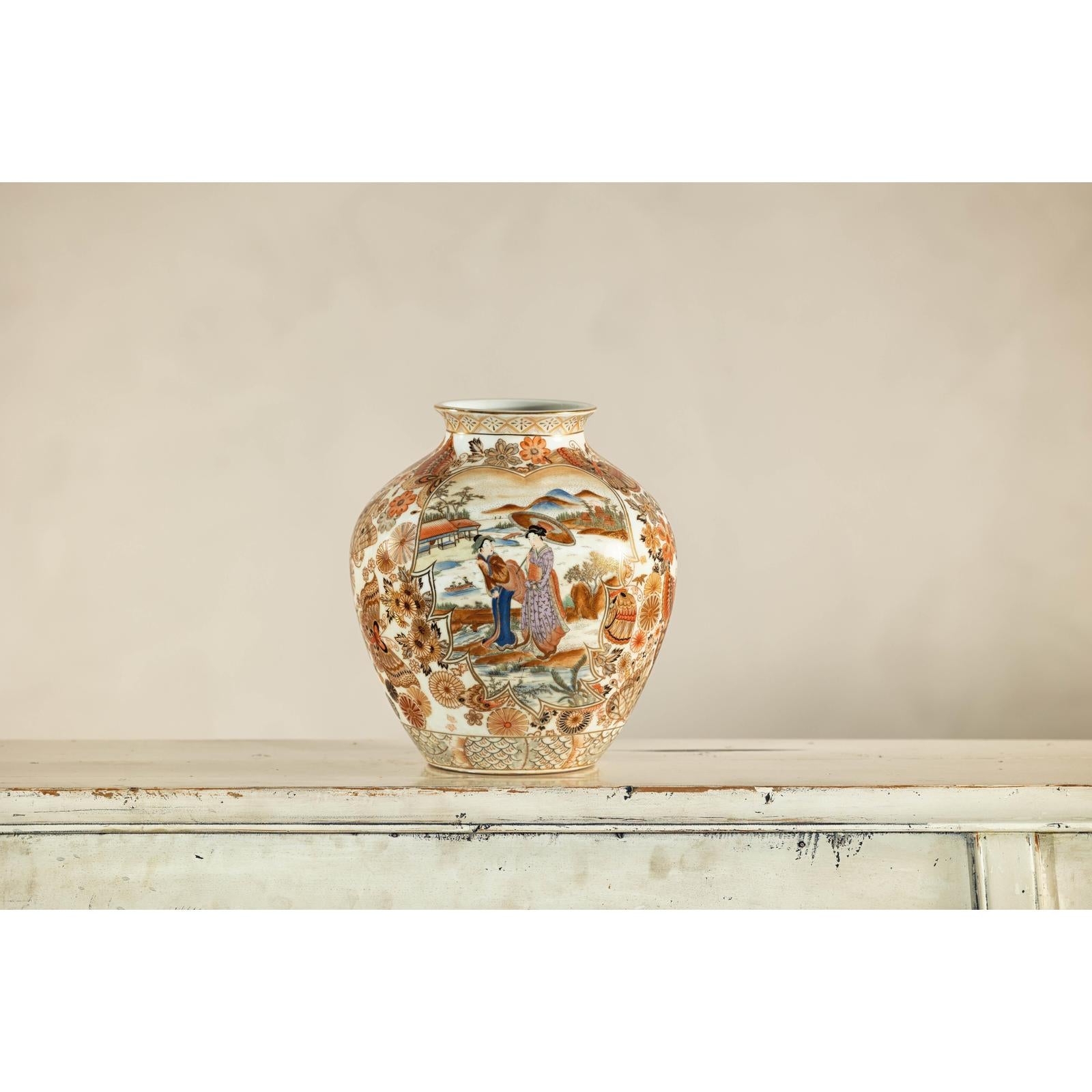 Early 20th-Century Kutani-Style Porcelain Vase with Scenic and Floral Designs