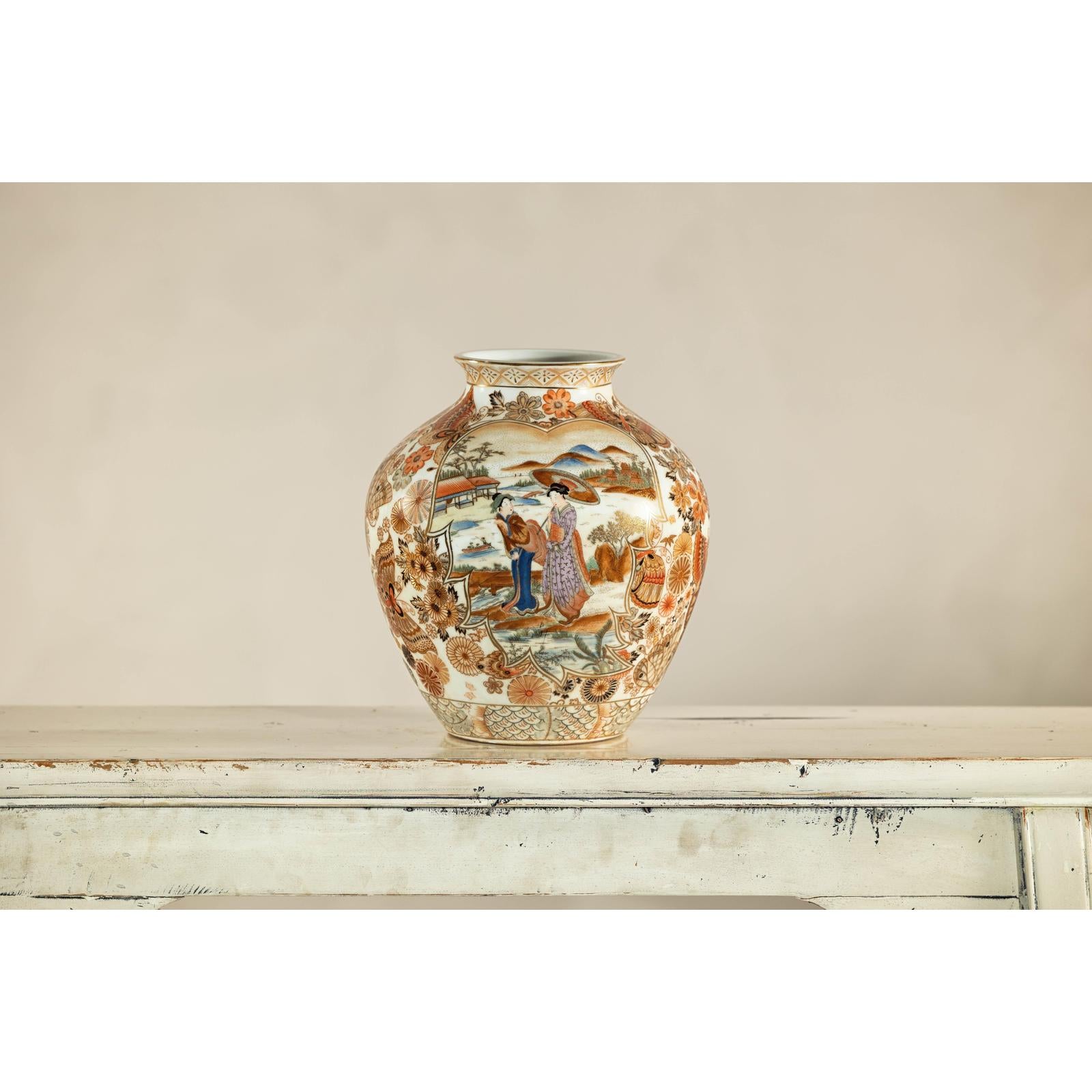Early 20th-Century Kutani-Style Porcelain Vase with Scenic and Floral Designs