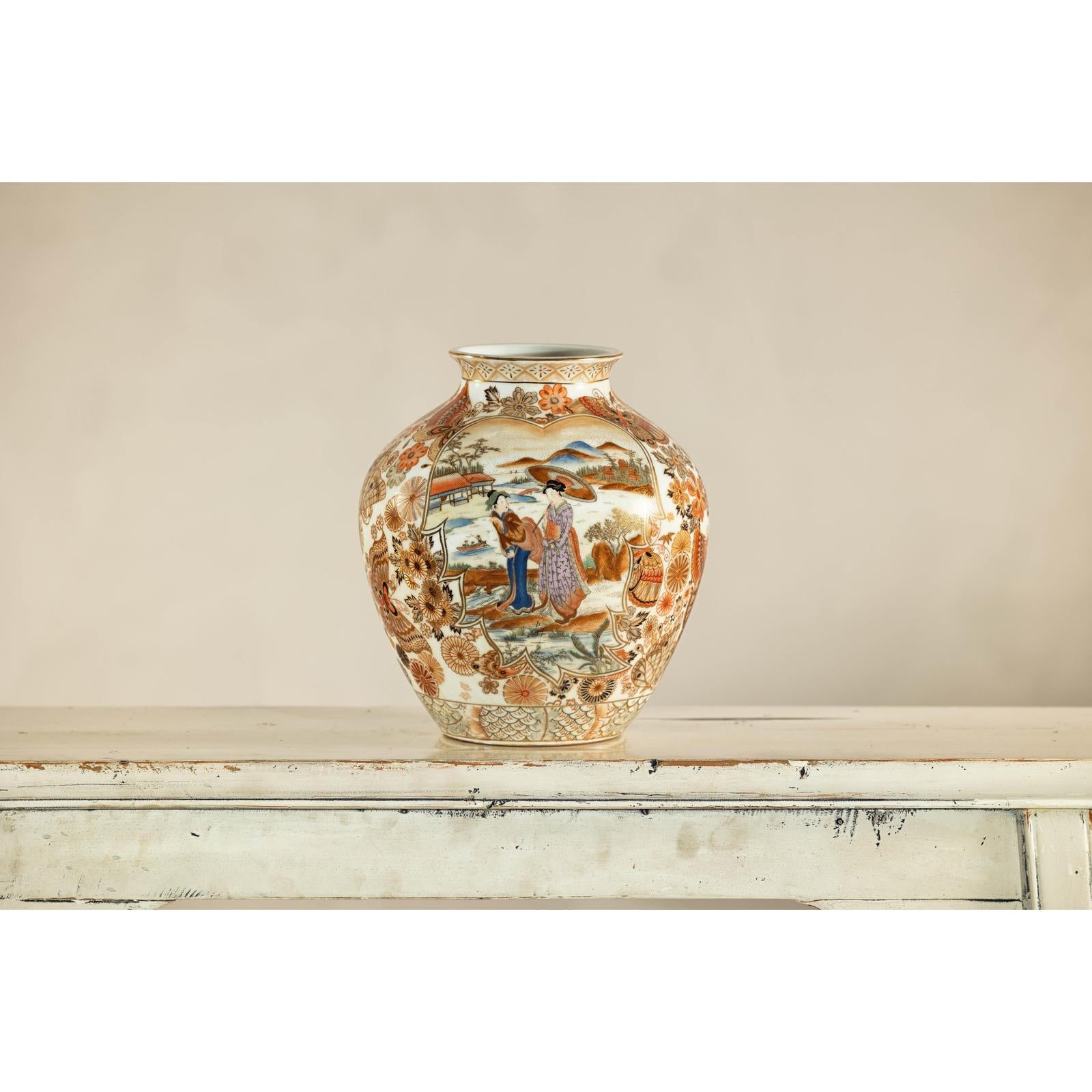 Early 20th-Century Kutani-Style Porcelain Vase with Scenic and Floral Designs