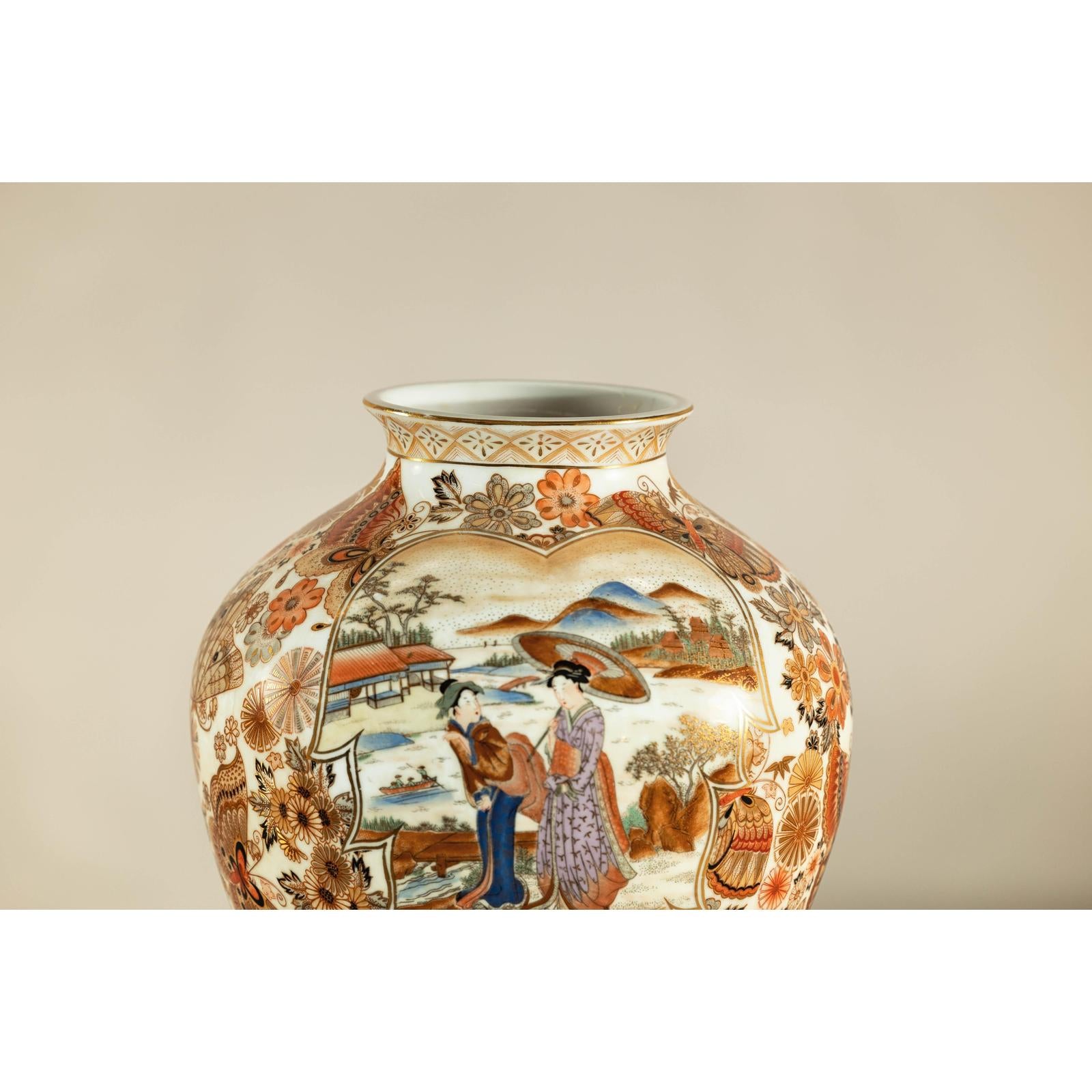 Early 20th-Century Kutani-Style Porcelain Vase with Scenic and Floral Designs