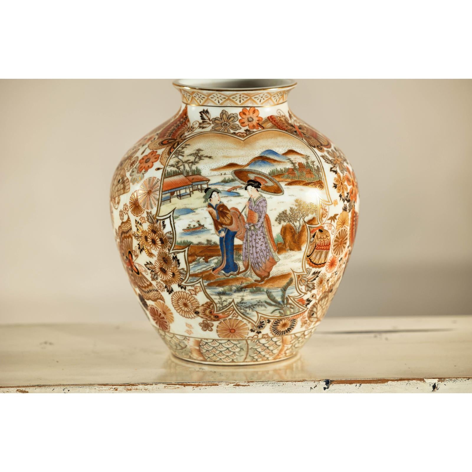 Early 20th-Century Kutani-Style Porcelain Vase with Scenic and Floral Designs