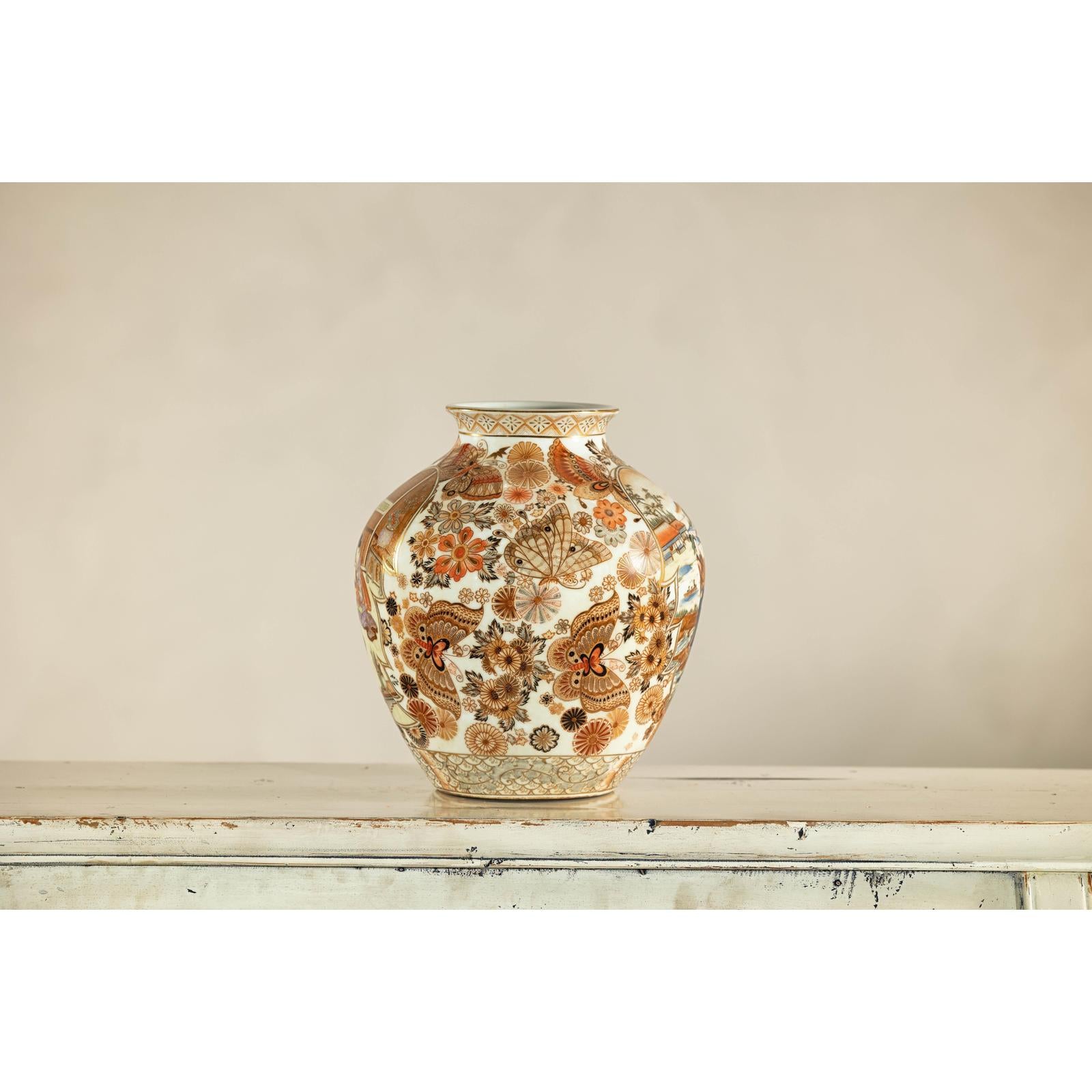 Early 20th-Century Kutani-Style Porcelain Vase with Scenic and Floral Designs