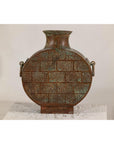 Vintage Bronze Bottle with Etched Motifs and Aged Green Patina, Han Style