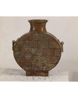 Vintage Bronze Bottle with Etched Motifs and Aged Green Patina, Han Style