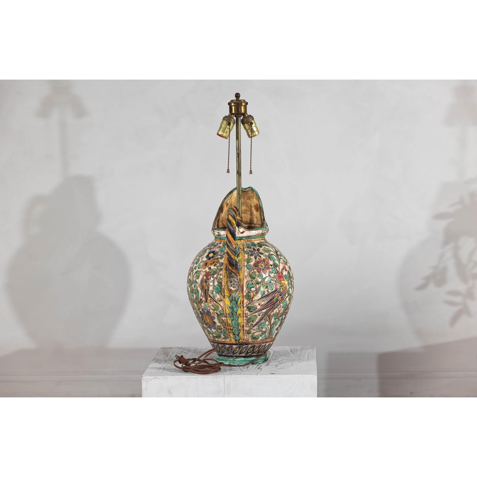 Majolica-Style Mid-Century Ceramic Table Lamp with Birds and Floral Motifs