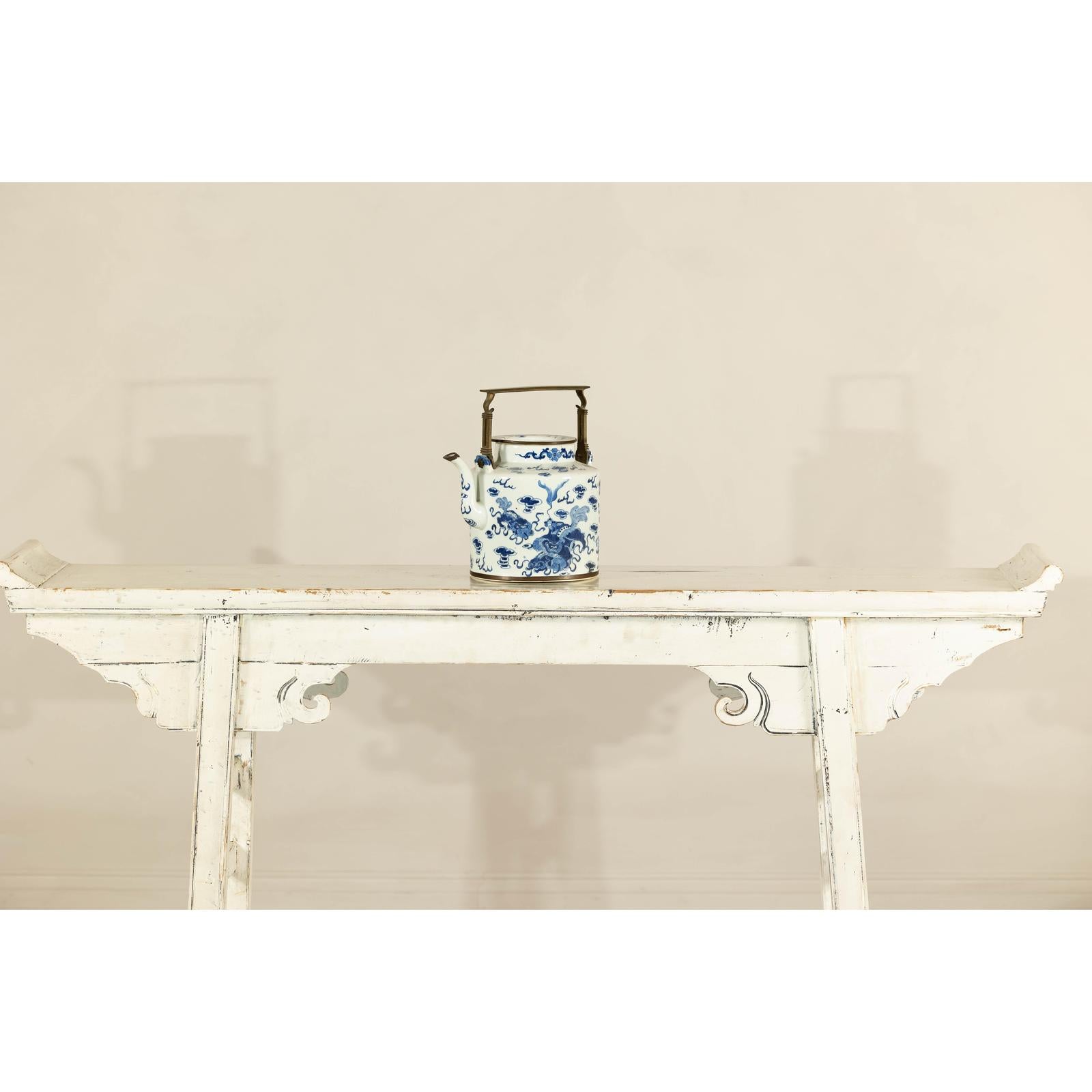 Blue and White Porcelain Teapot with Mythical Qilin and Auspicious Cloud Motifs