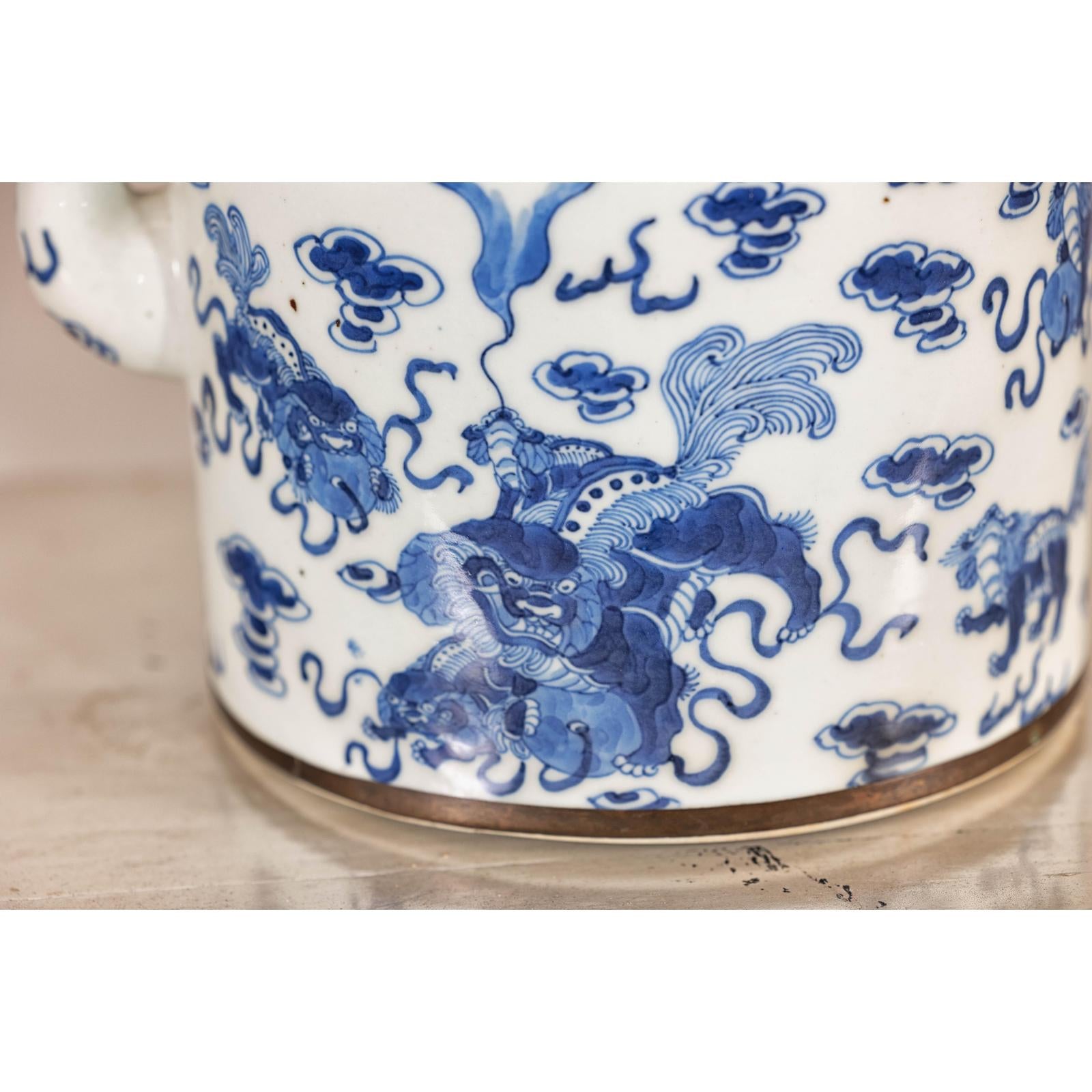 Blue and White Porcelain Teapot with Mythical Qilin and Auspicious Cloud Motifs