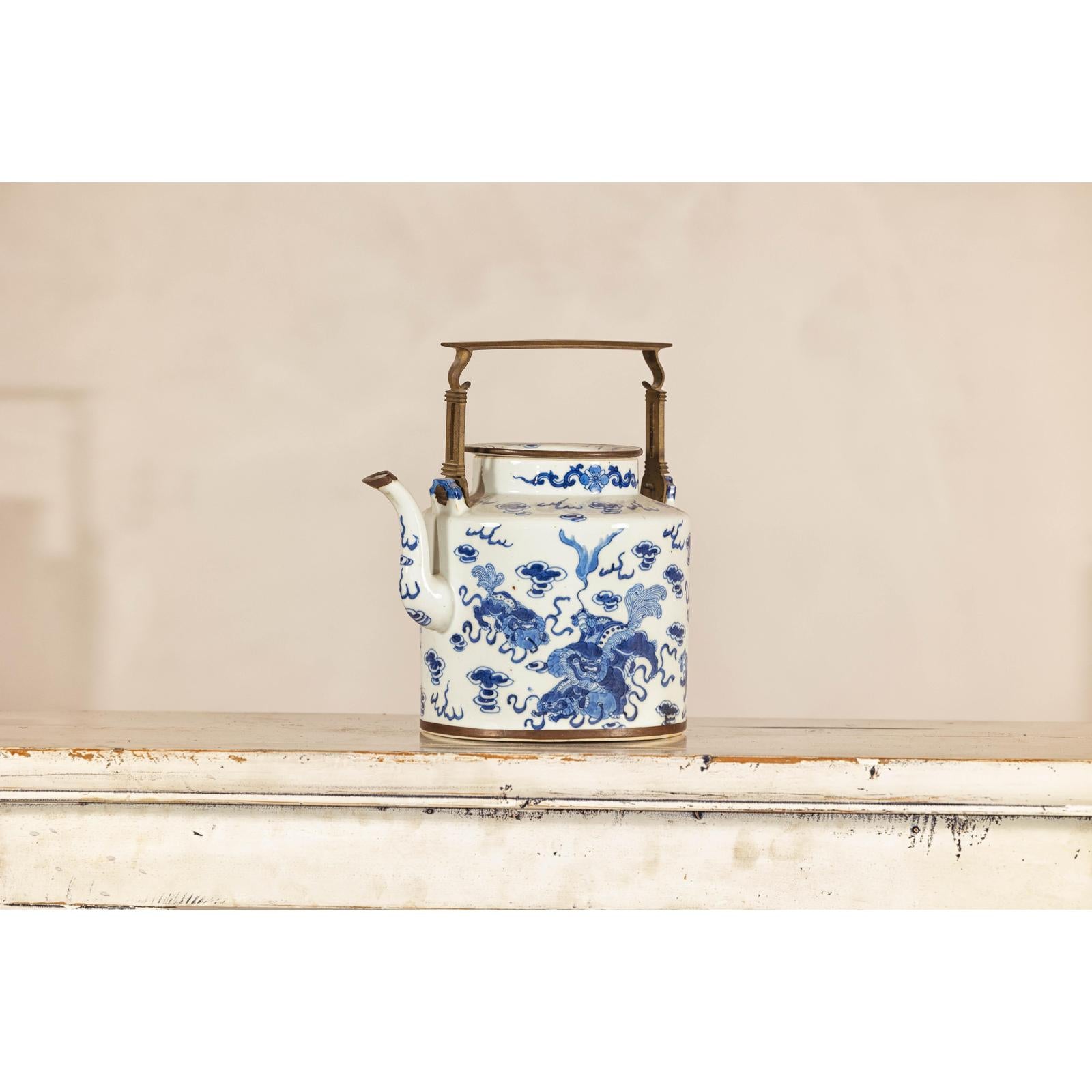 Blue and White Porcelain Teapot with Mythical Qilin and Auspicious Cloud Motifs