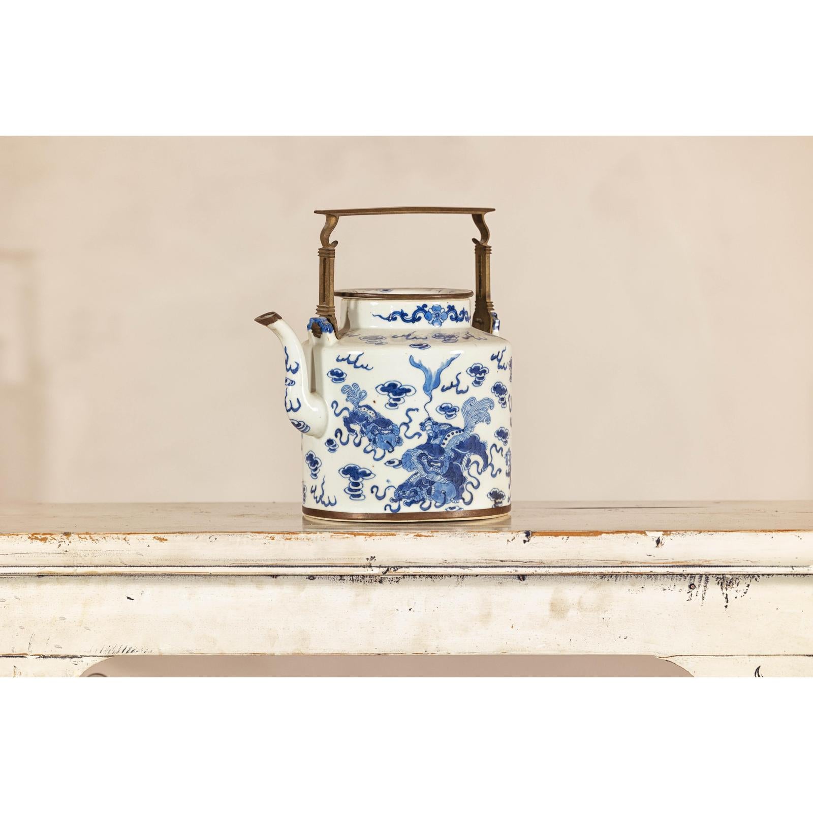 Blue and White Porcelain Teapot with Mythical Qilin and Auspicious Cloud Motifs