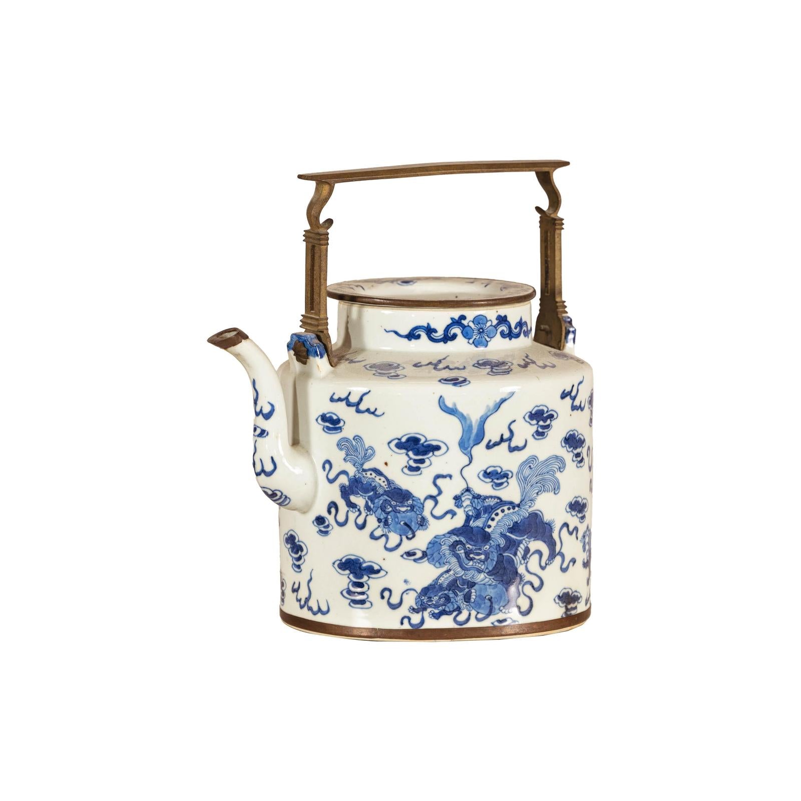 Blue and White Porcelain Teapot with Mythical Qilin and Auspicious Cloud Motifs