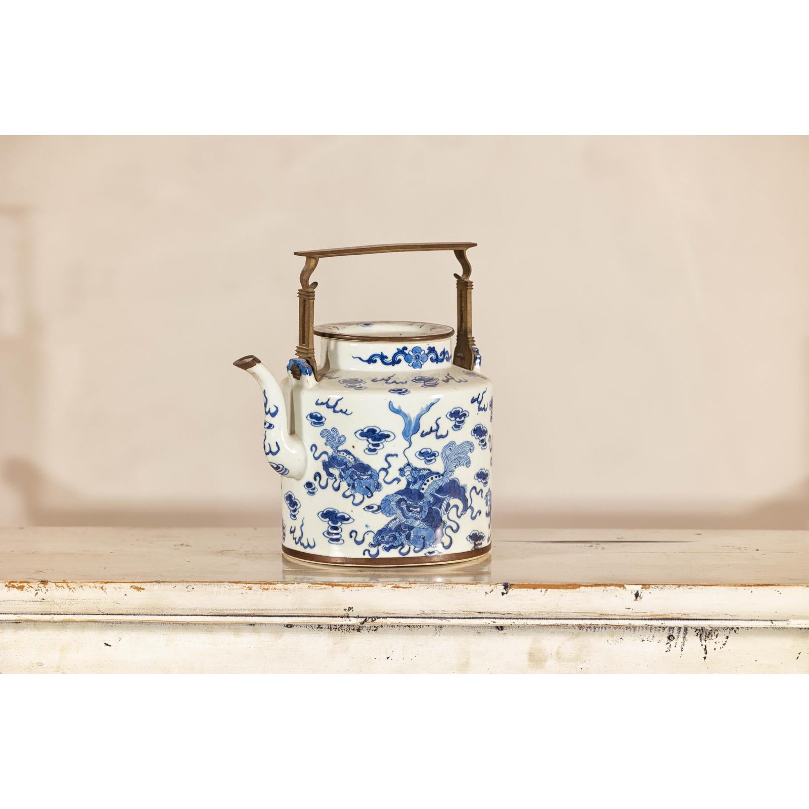 Blue and White Porcelain Teapot with Mythical Qilin and Auspicious Cloud Motifs