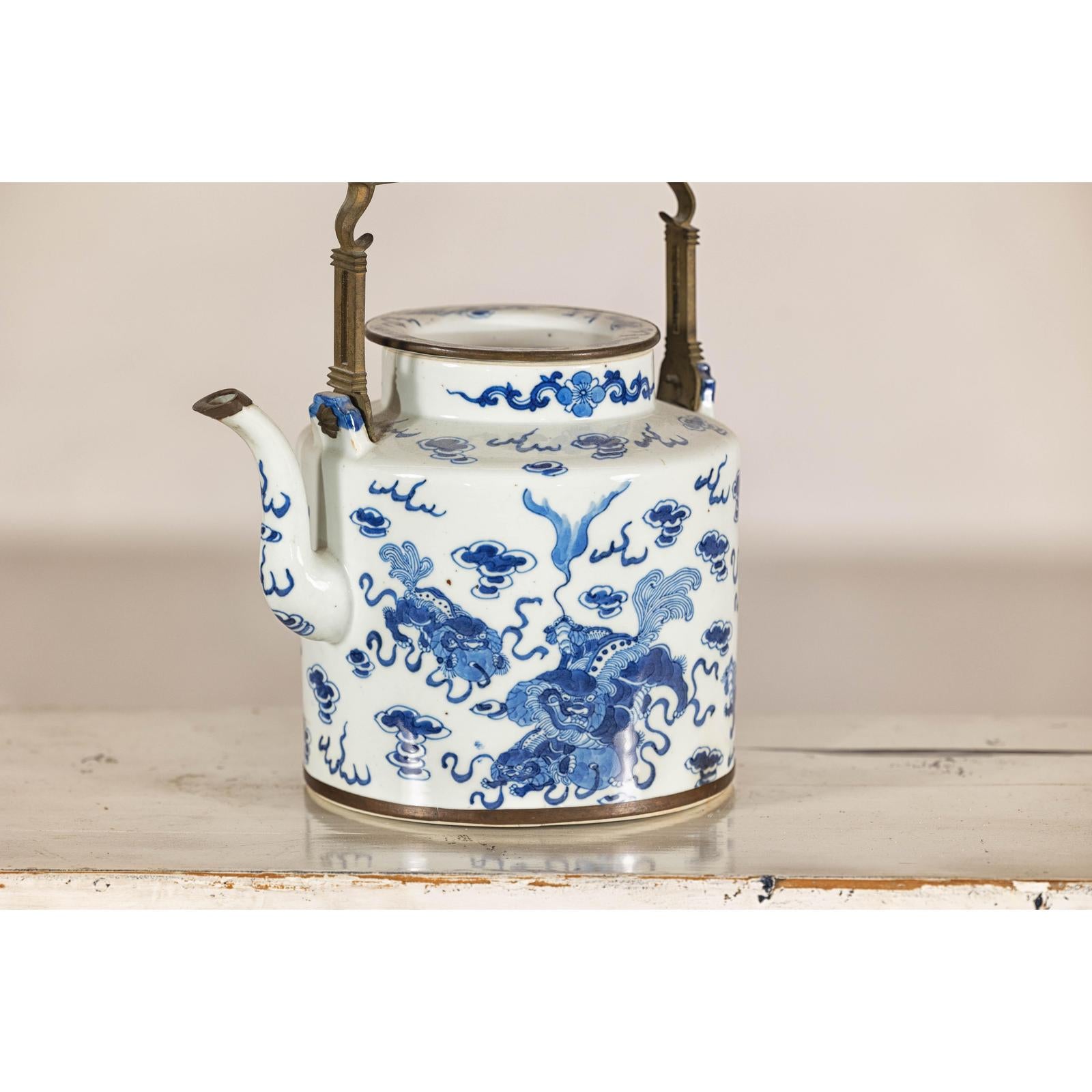 Blue and White Porcelain Teapot with Mythical Qilin and Auspicious Cloud Motifs