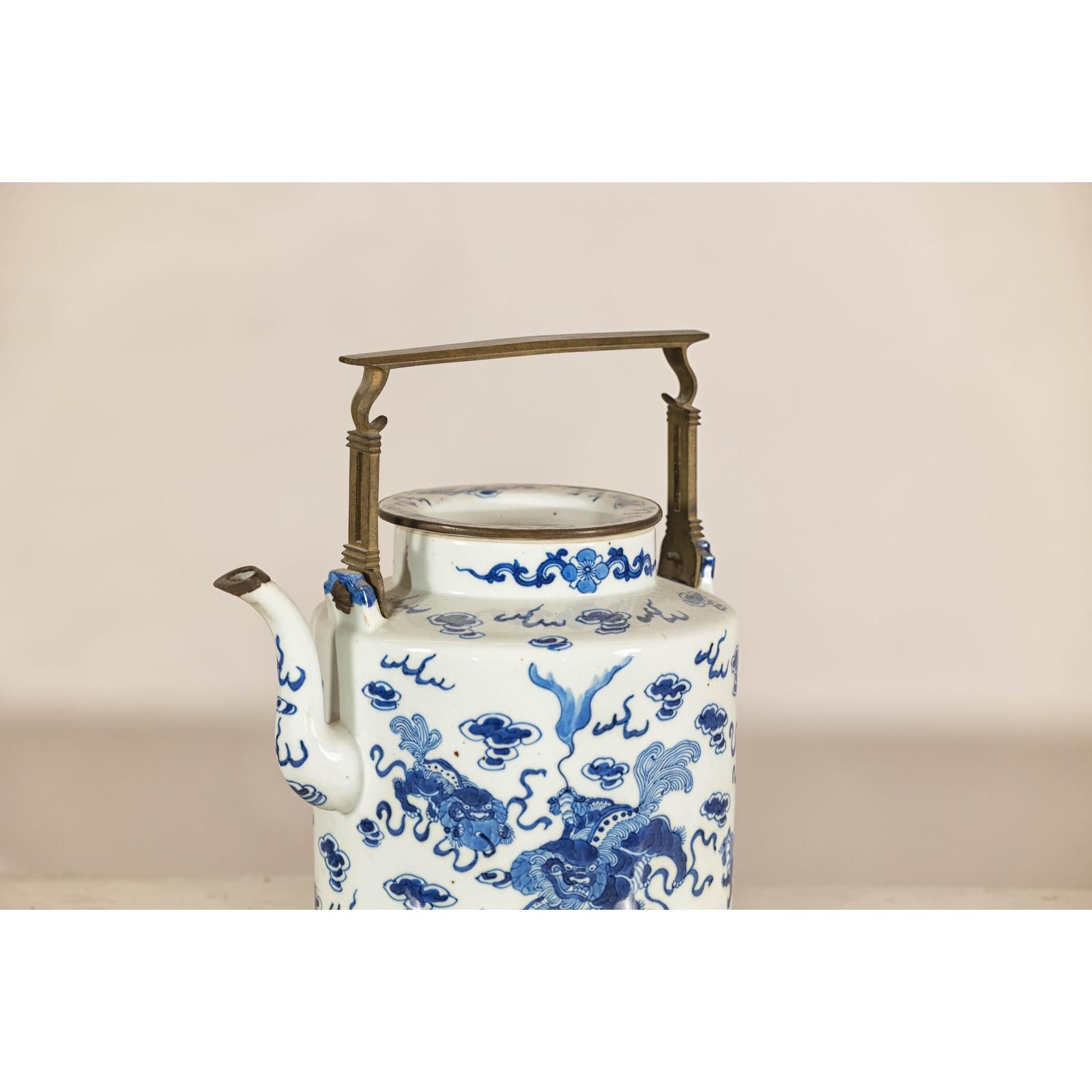 Blue and White Porcelain Teapot with Mythical Qilin and Auspicious Cloud Motifs