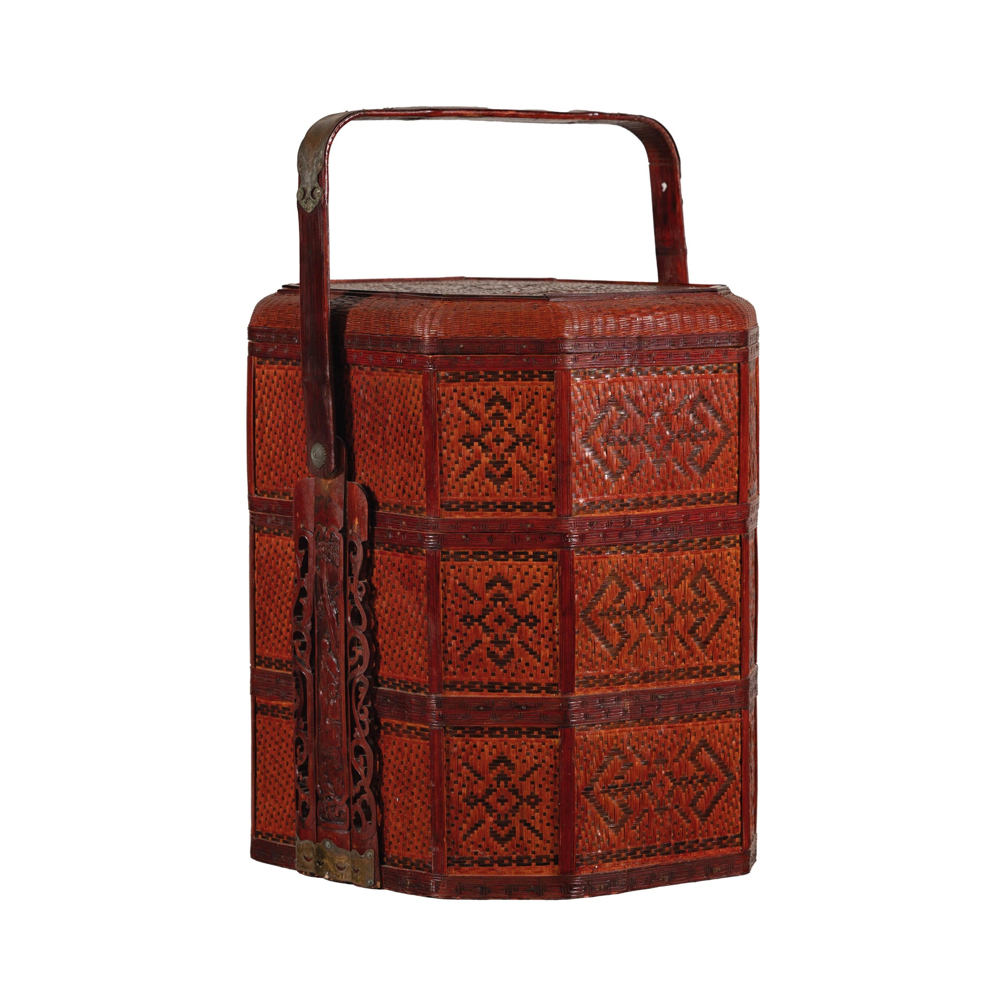 Vintage Reddish Brown Lacquer Woven Rattan Picnic Basket with Bamboo Handle