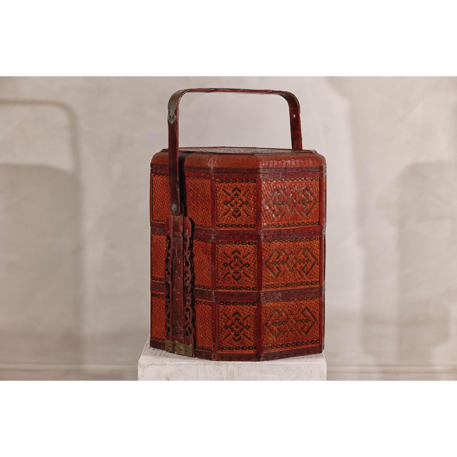 Vintage Reddish Brown Lacquer Woven Rattan Picnic Basket with Bamboo Handle
