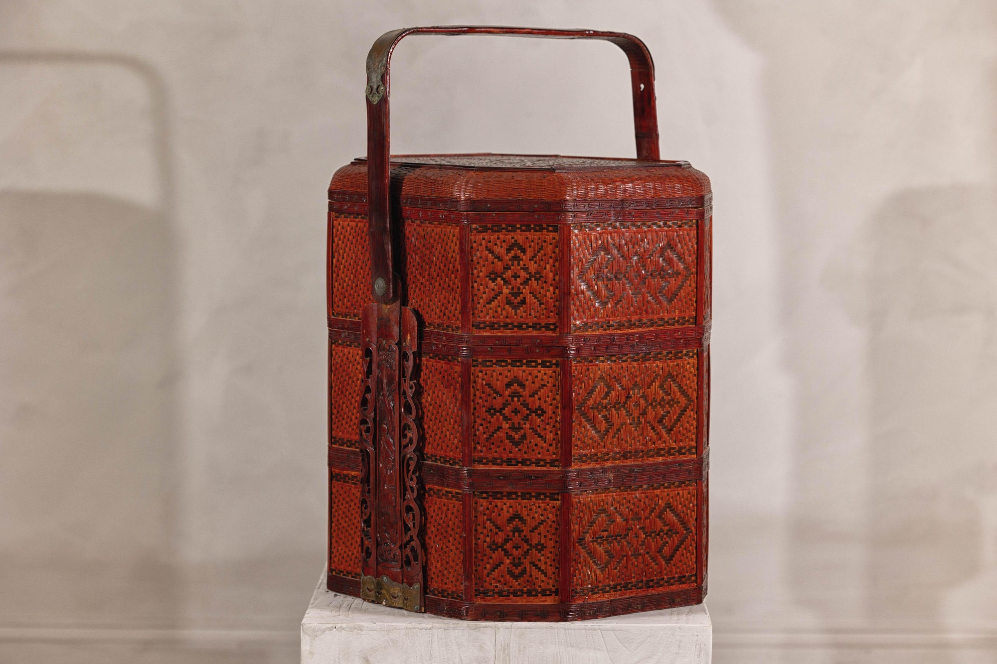 Vintage Reddish Brown Lacquer Woven Rattan Picnic Basket with Bamboo Handle