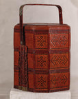 Vintage Reddish Brown Lacquer Woven Rattan Picnic Basket with Bamboo Handle