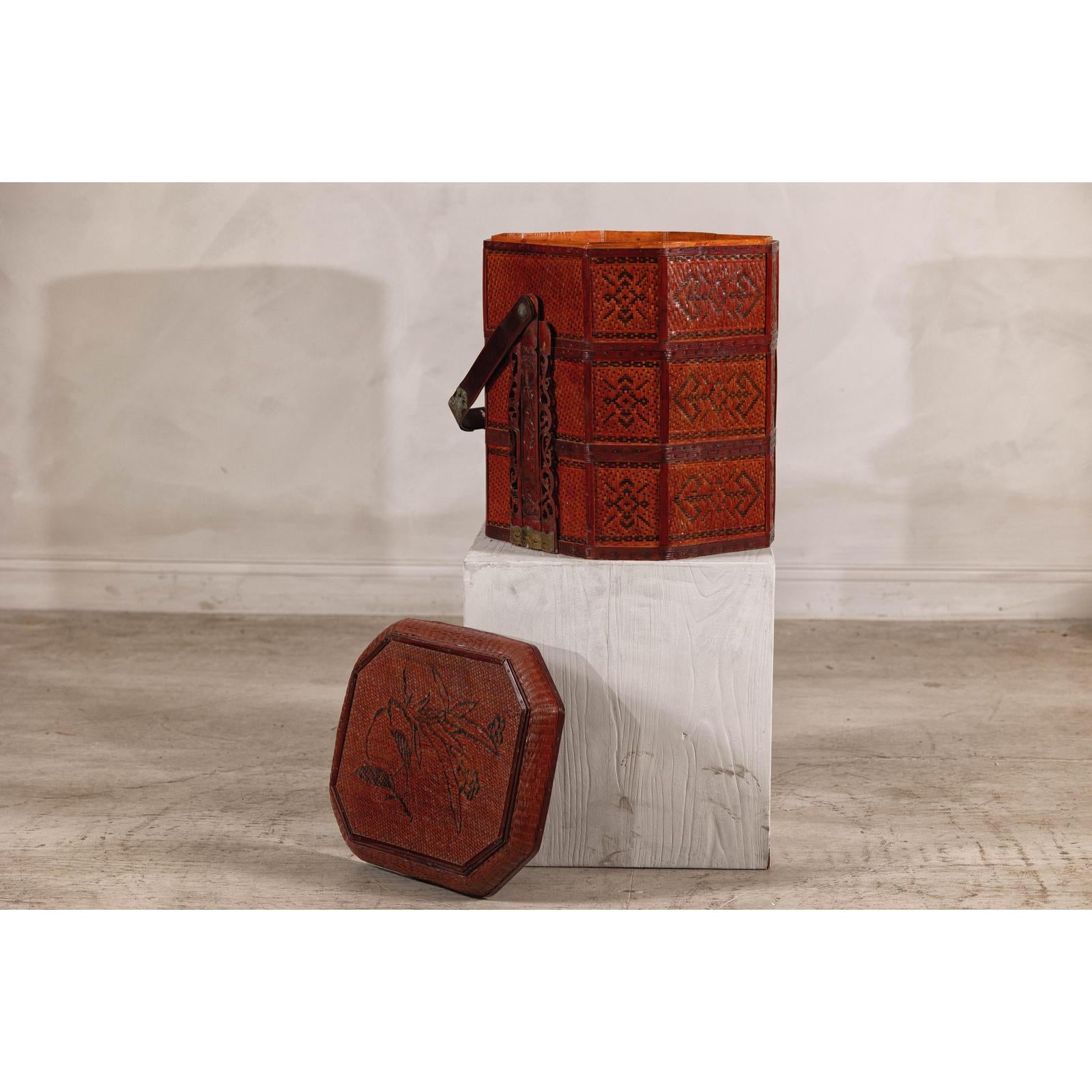 Vintage Reddish Brown Lacquer Woven Rattan Picnic Basket with Bamboo Handle