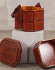 Vintage Reddish Brown Lacquer Woven Rattan Picnic Basket with Bamboo Handle