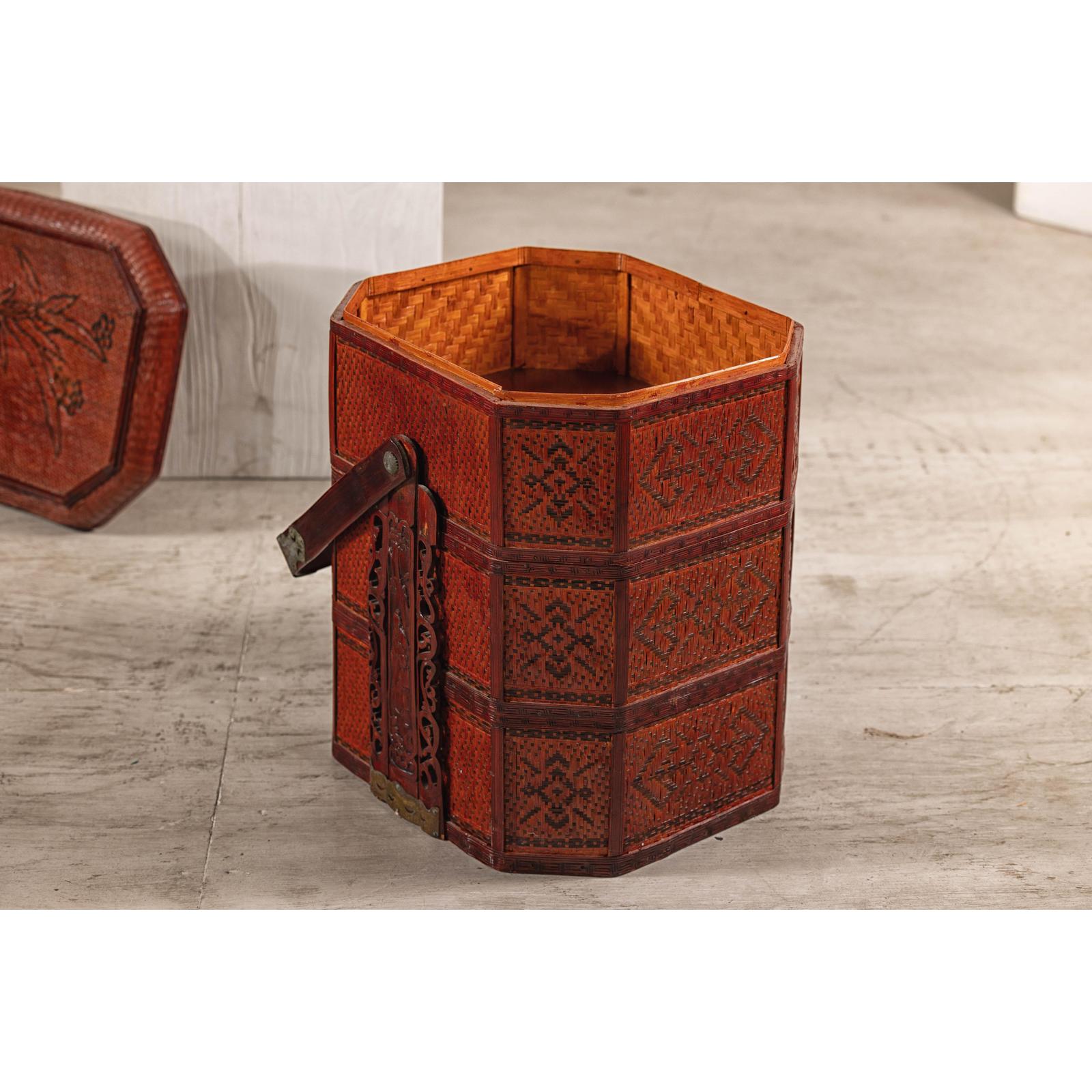 Vintage Reddish Brown Lacquer Woven Rattan Picnic Basket with Bamboo Handle