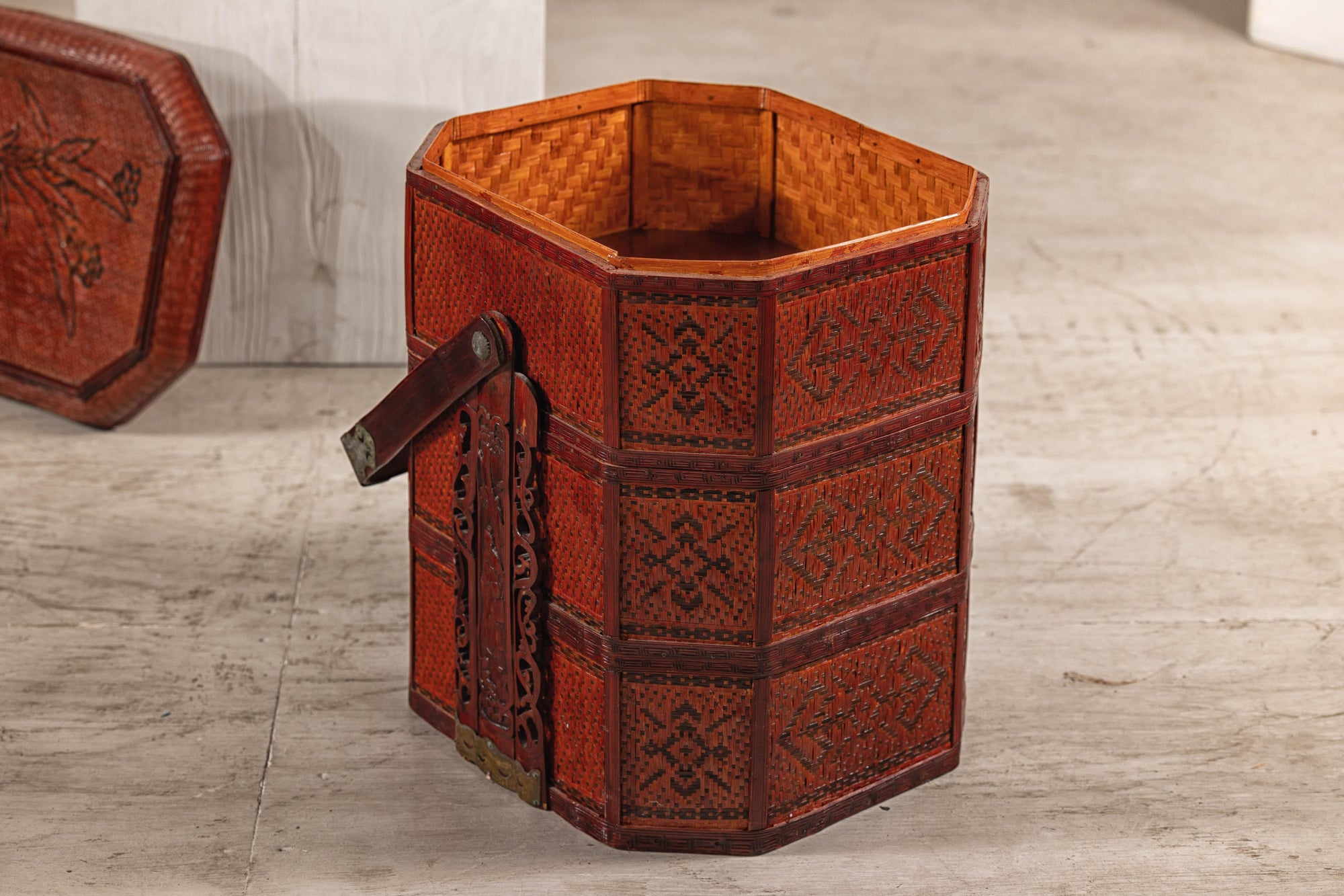Vintage Reddish Brown Lacquer Woven Rattan Picnic Basket with Bamboo Handle