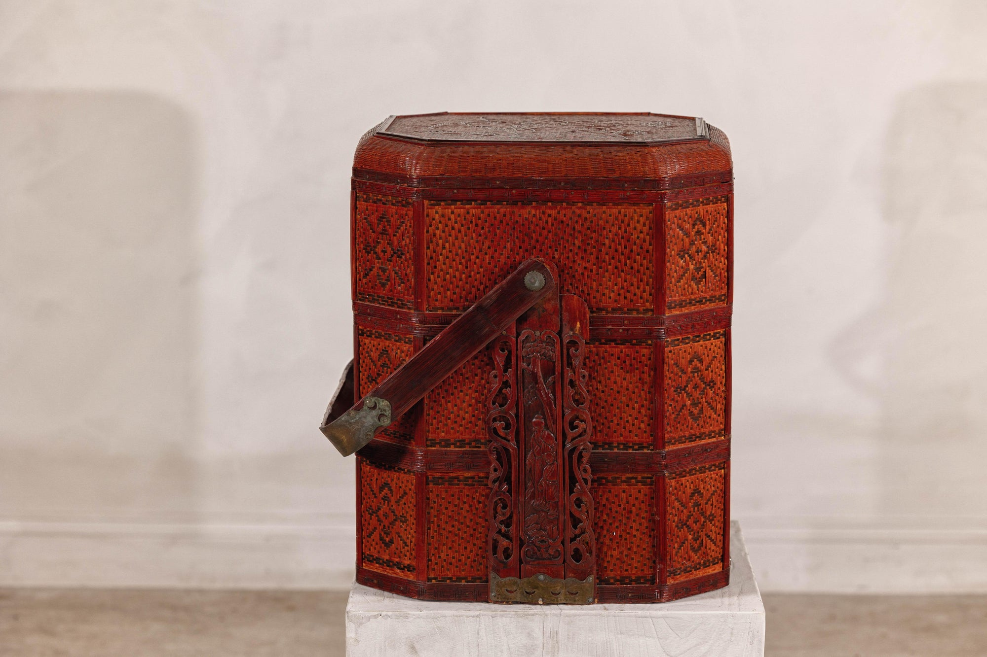 Vintage Reddish Brown Lacquer Woven Rattan Picnic Basket with Bamboo Handle