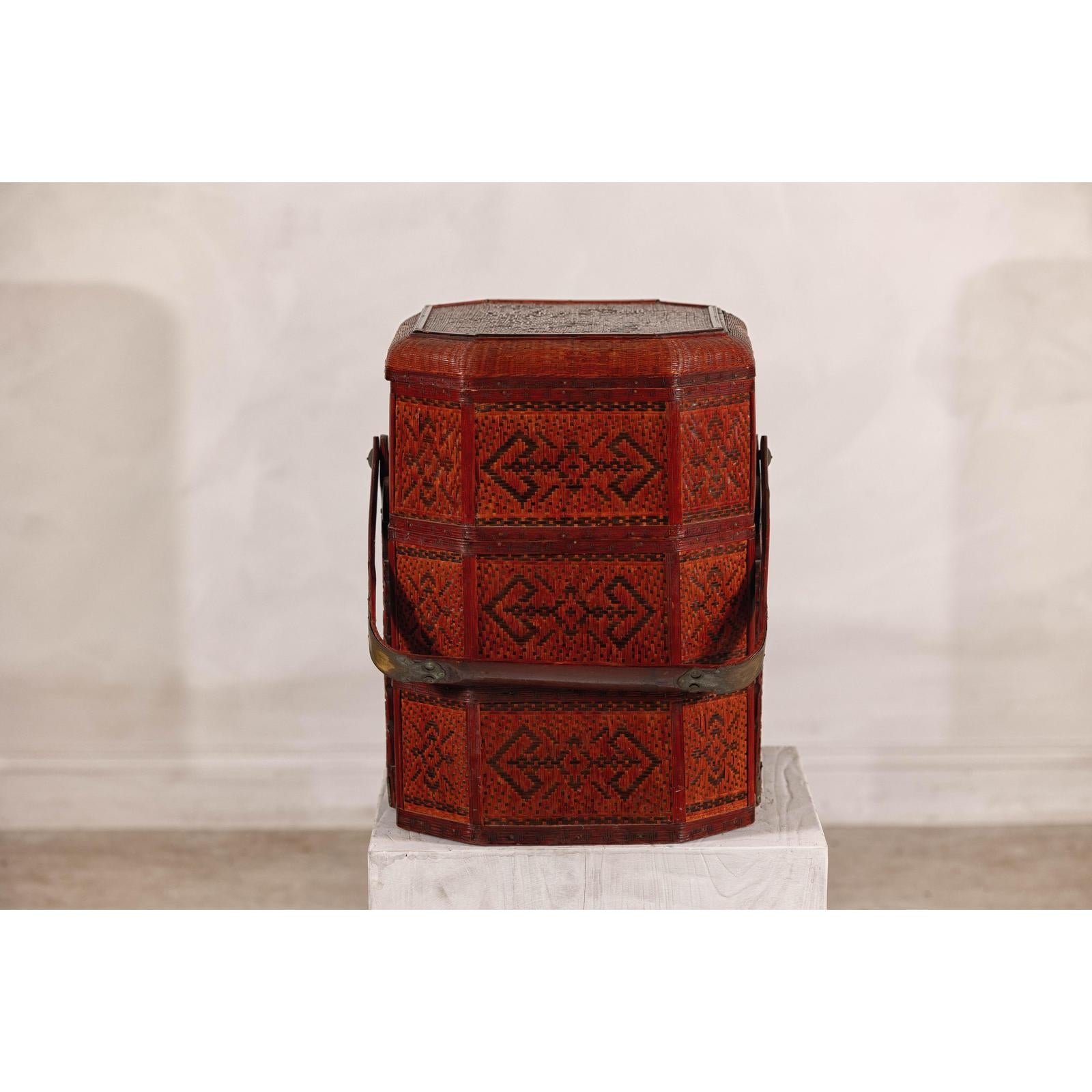 Vintage Reddish Brown Lacquer Woven Rattan Picnic Basket with Bamboo Handle