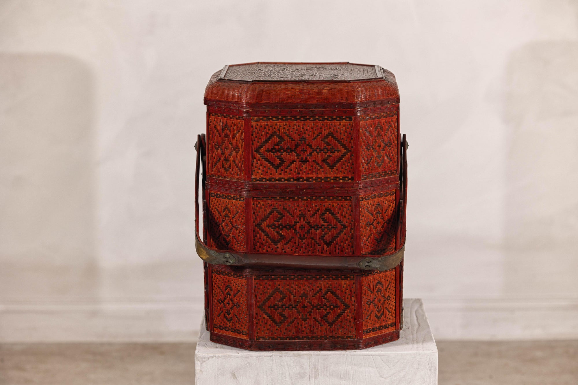 Vintage Reddish Brown Lacquer Woven Rattan Picnic Basket with Bamboo Handle