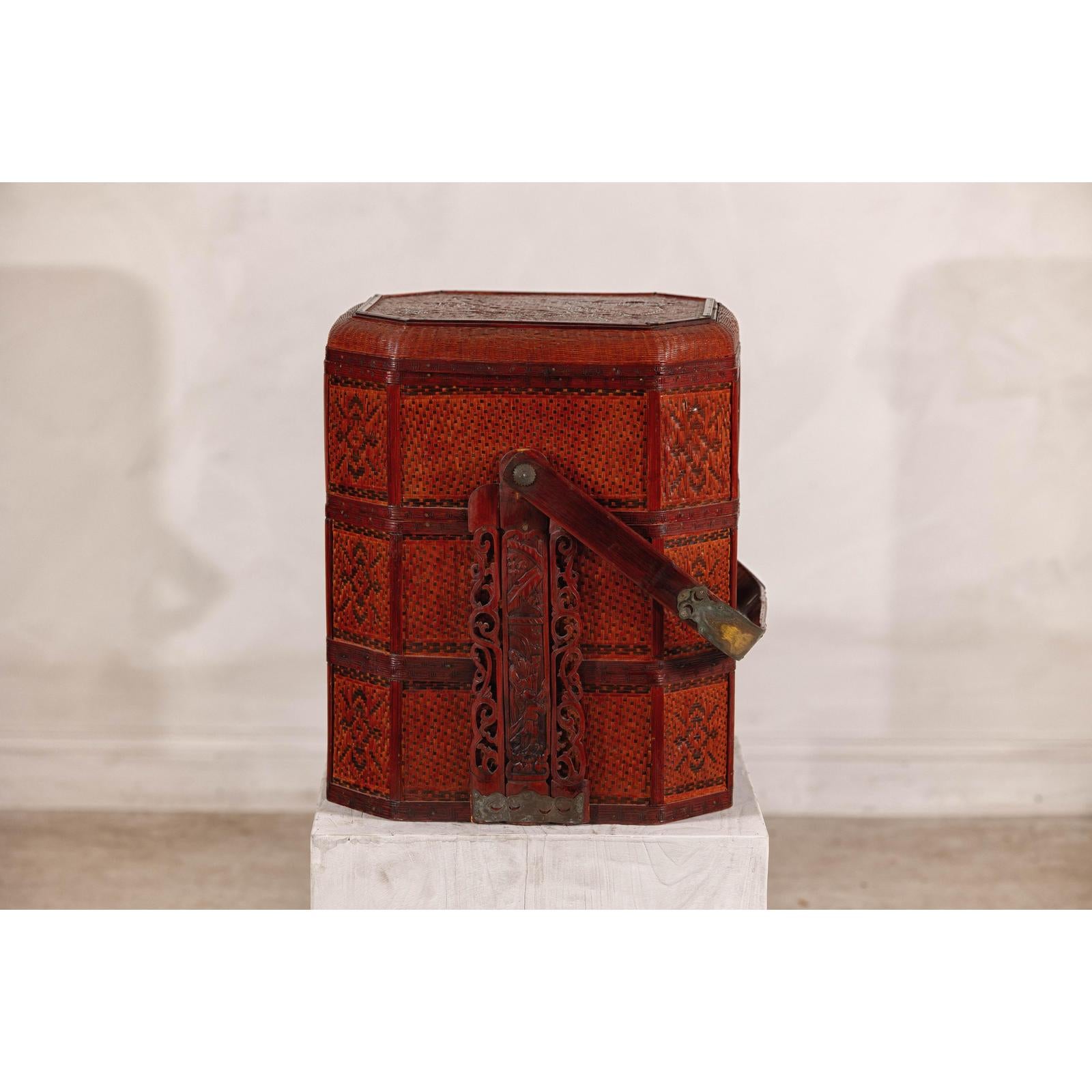 Vintage Reddish Brown Lacquer Woven Rattan Picnic Basket with Bamboo Handle