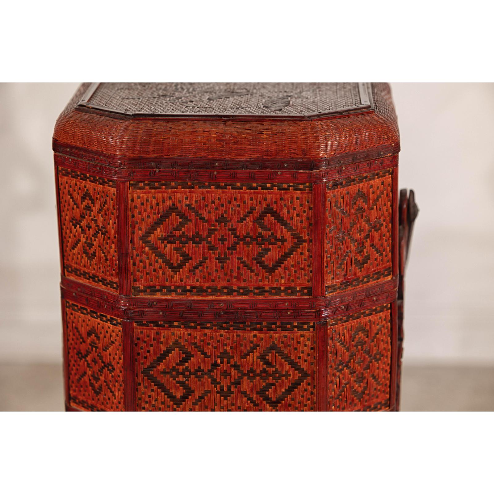 Vintage Reddish Brown Lacquer Woven Rattan Picnic Basket with Bamboo Handle