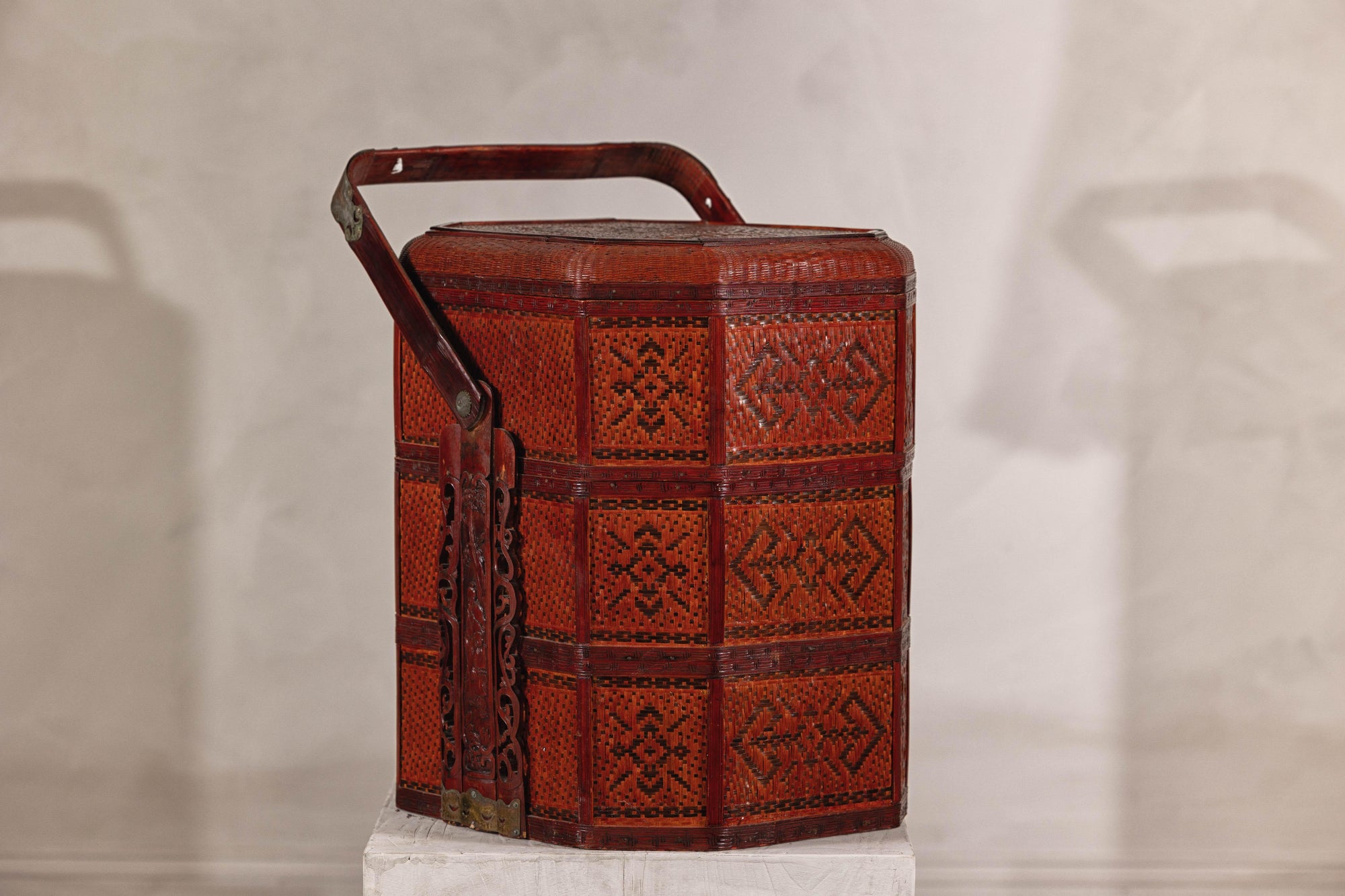 Vintage Reddish Brown Lacquer Woven Rattan Picnic Basket with Bamboo Handle