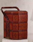 Vintage Reddish Brown Lacquer Woven Rattan Picnic Basket with Bamboo Handle